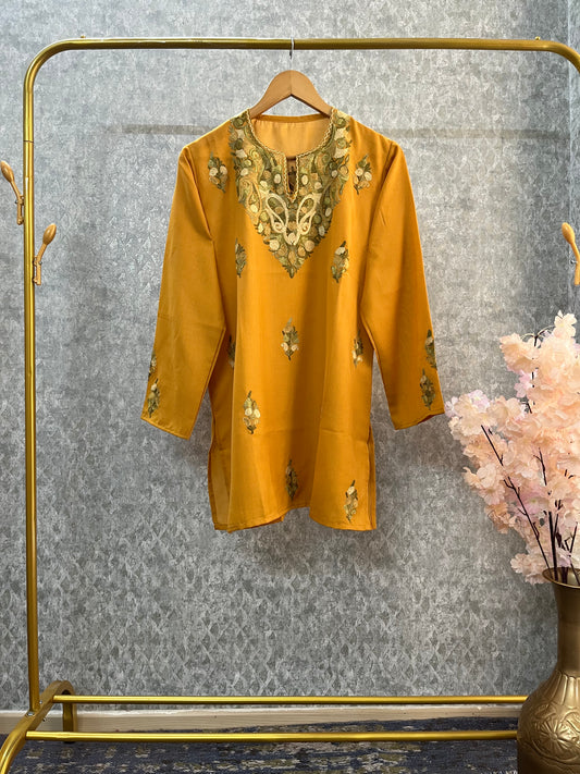 Golden Yellow Cotton Aari Work Kurti