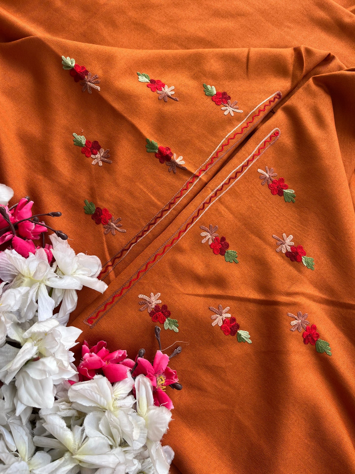 Orange Woollen Aari Embroidered 3pc suit