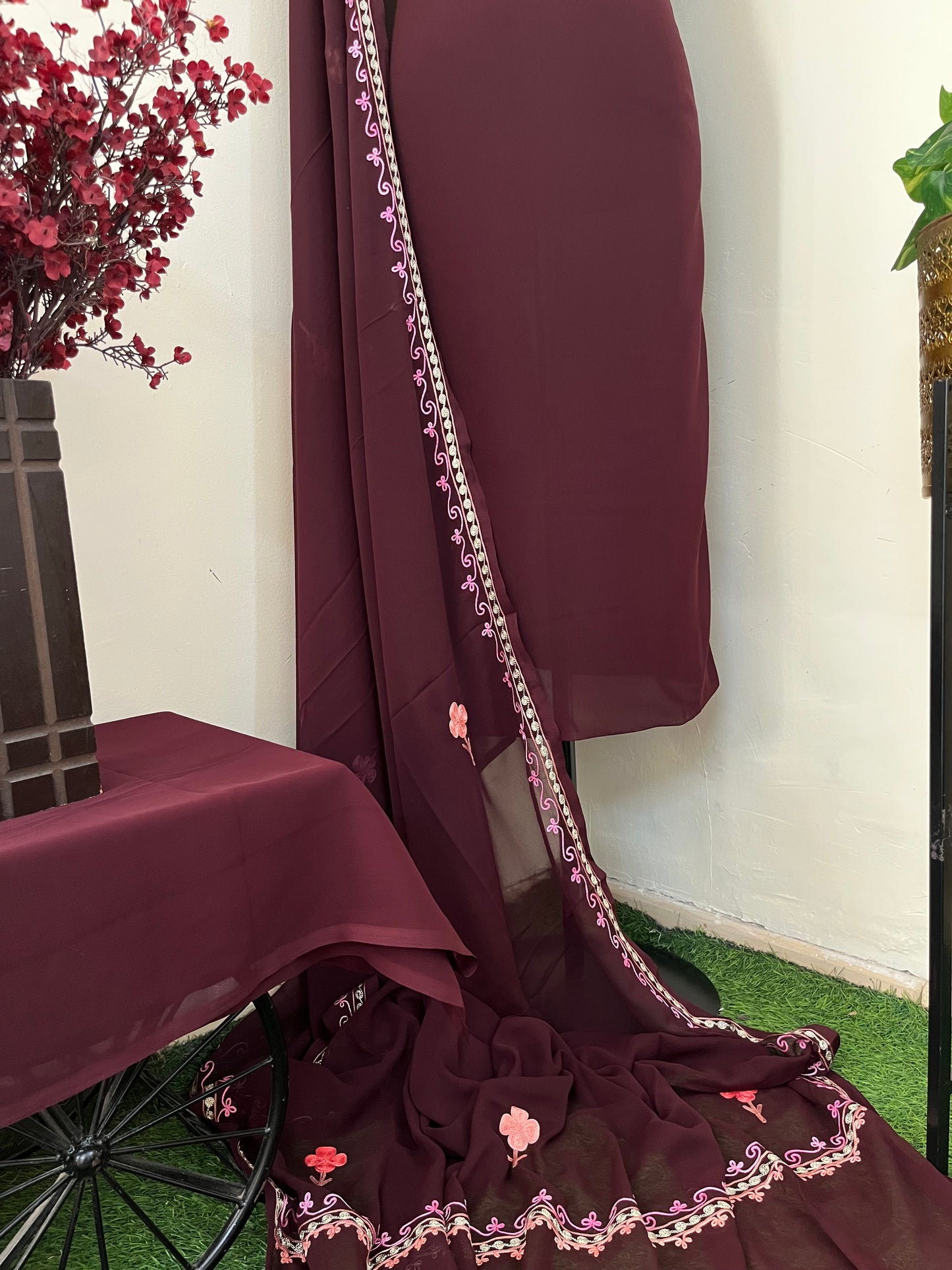 Brown Georgette 3 Pc Aari Embroidered Suit Set