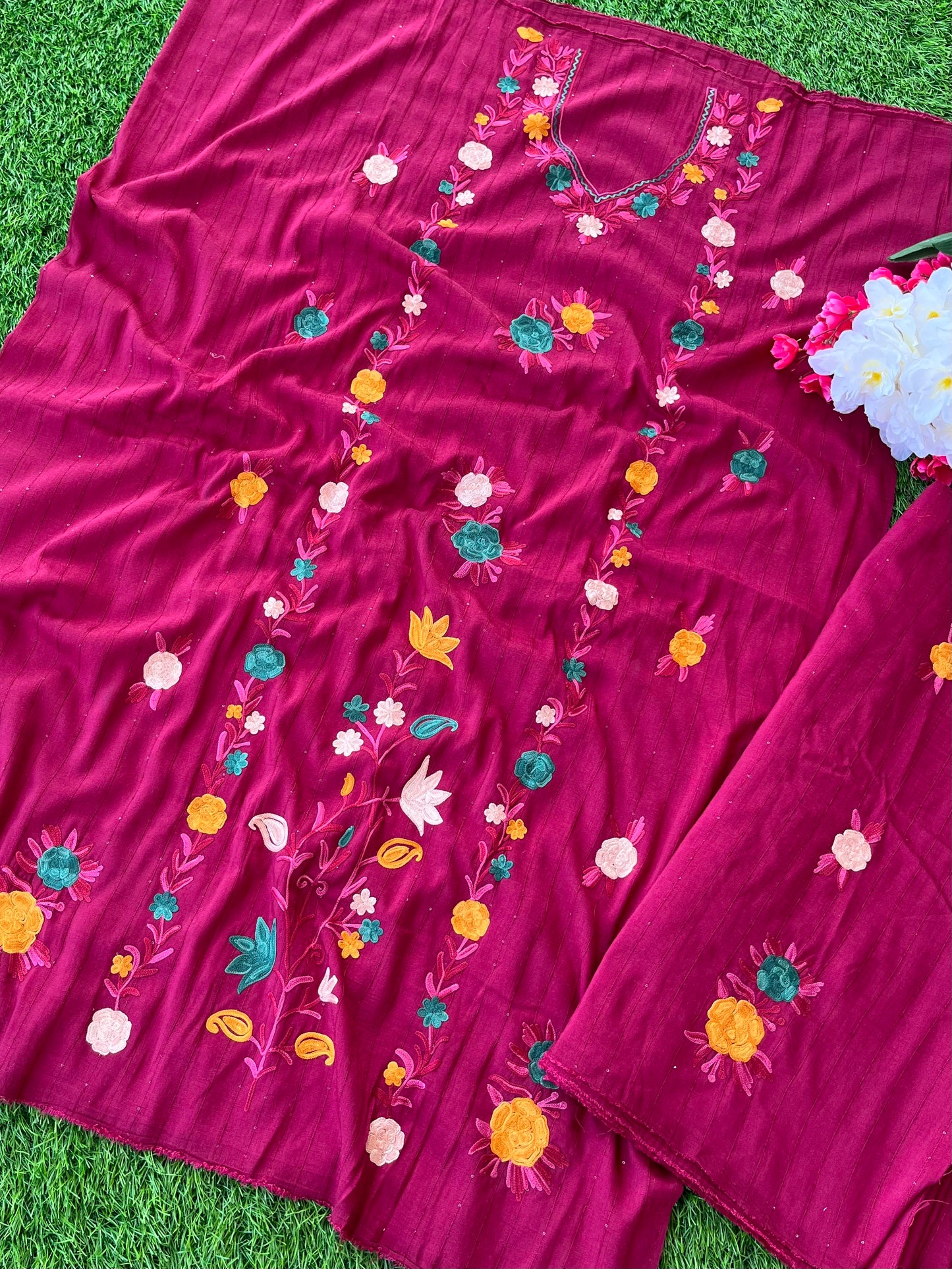 Burgundy Muslin Cotton Striped Sequin Pattern Unstitched Co-ord Set