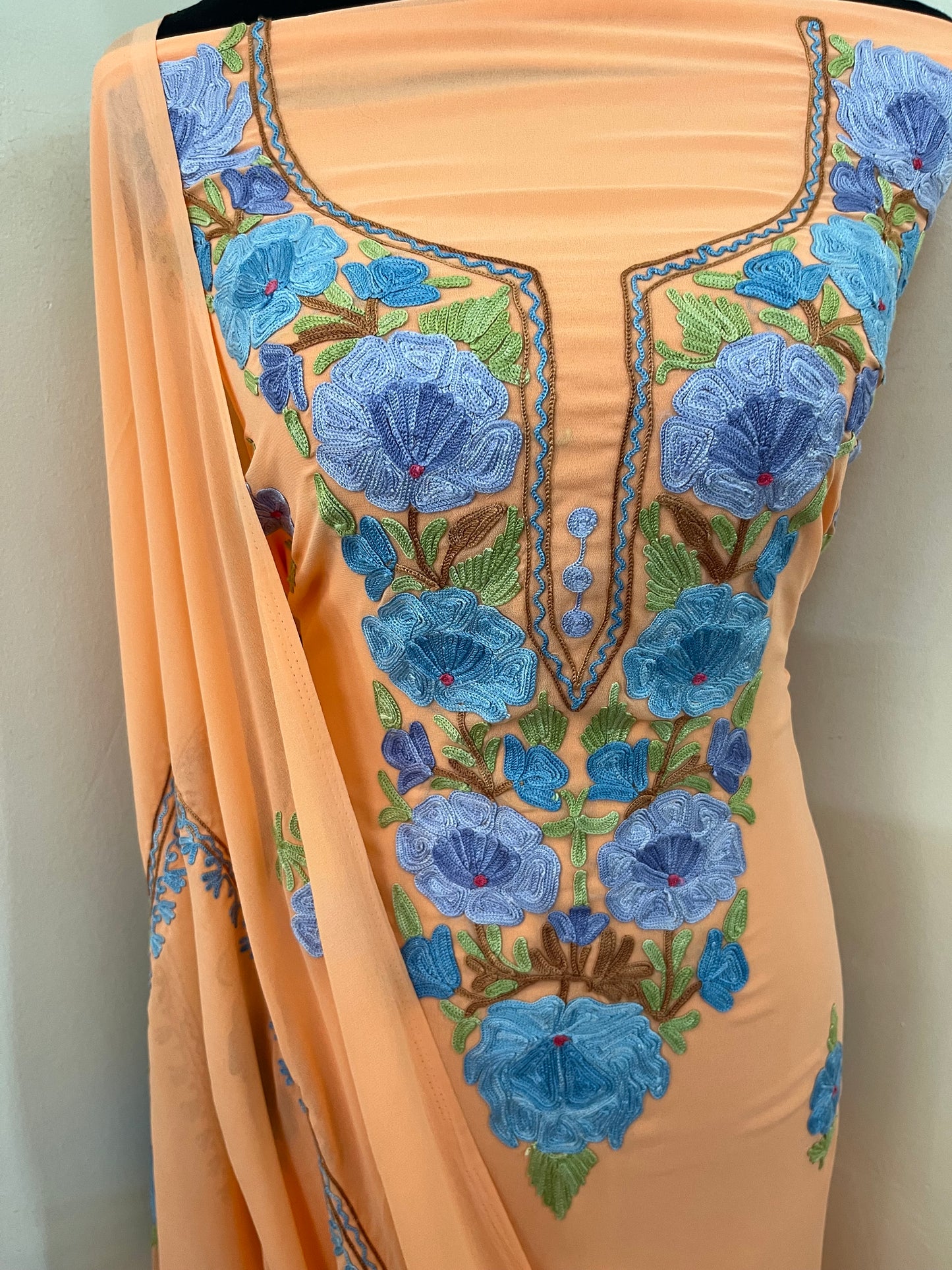Light orange Georgette 3 Pc Aari Embroidered Suit