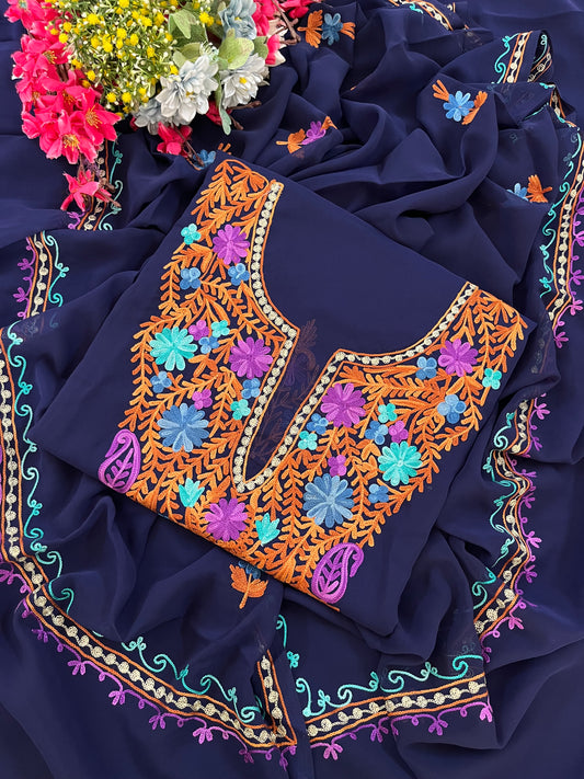 Blue Georgette 3 Pc Aari Embroidered Suit Set