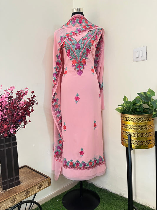 Soft Pink Georgette 3 Pc Kashmiri Suit