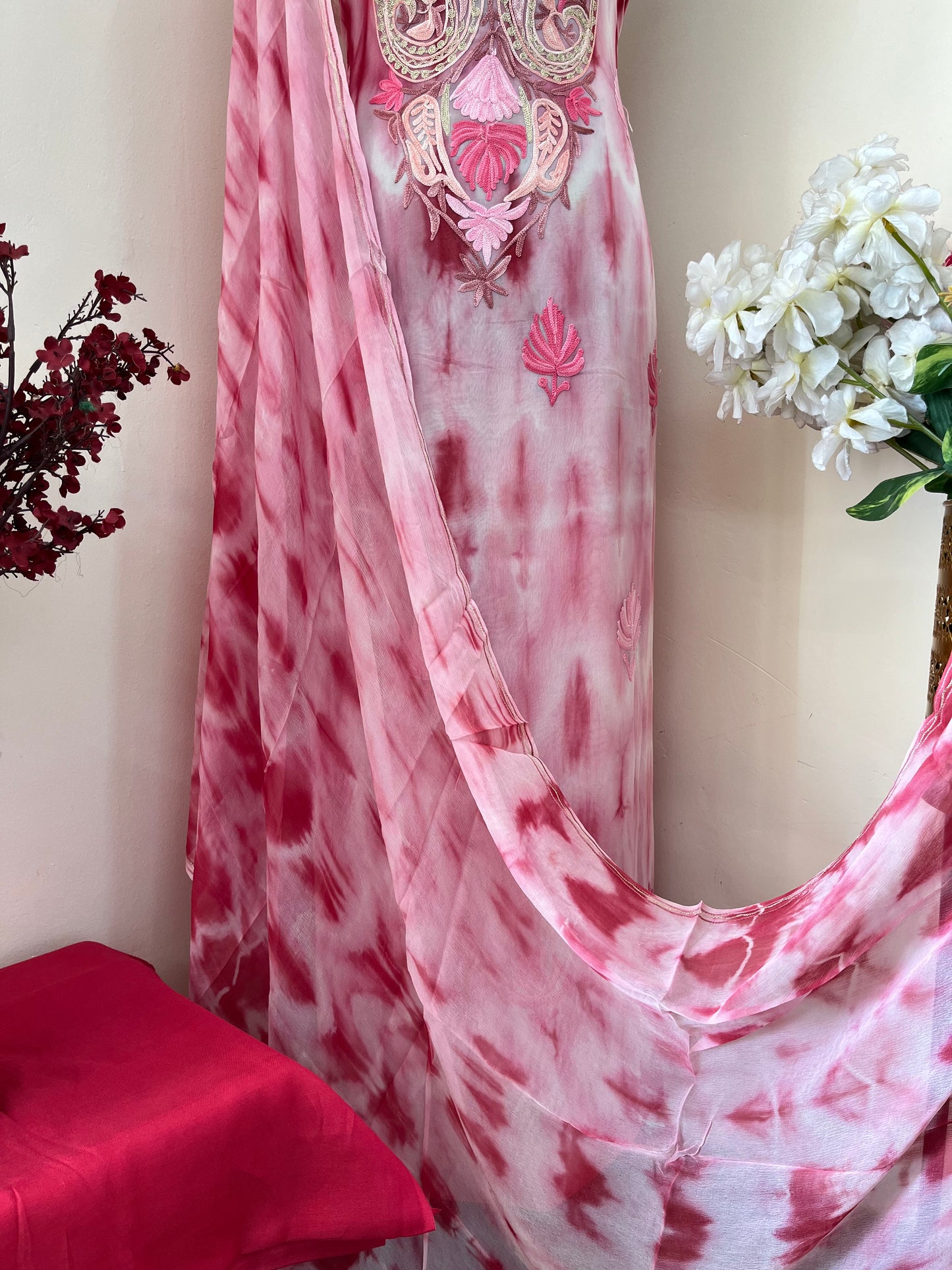 Rose Pink Pure Georgette Ty Dy Kashmiri Suit