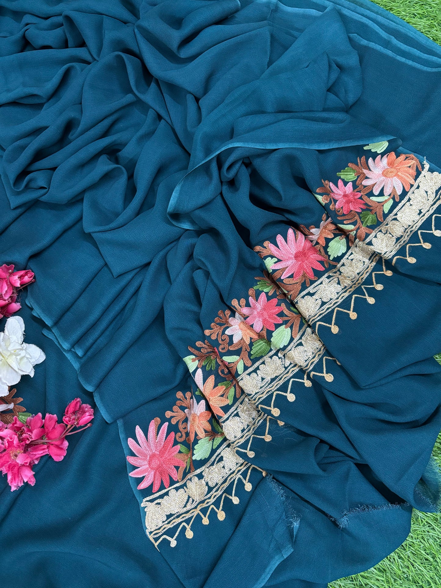 Peacock Blue Pure Georgette Kashmiri Suit