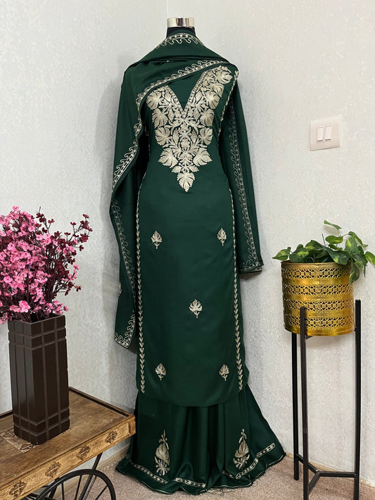 Bottle Green Tilla Embroidered 3pc Suit Stole