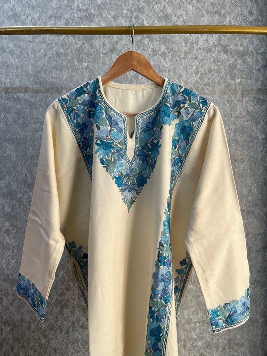 Off White Aari Embroidered Wool Pheran
