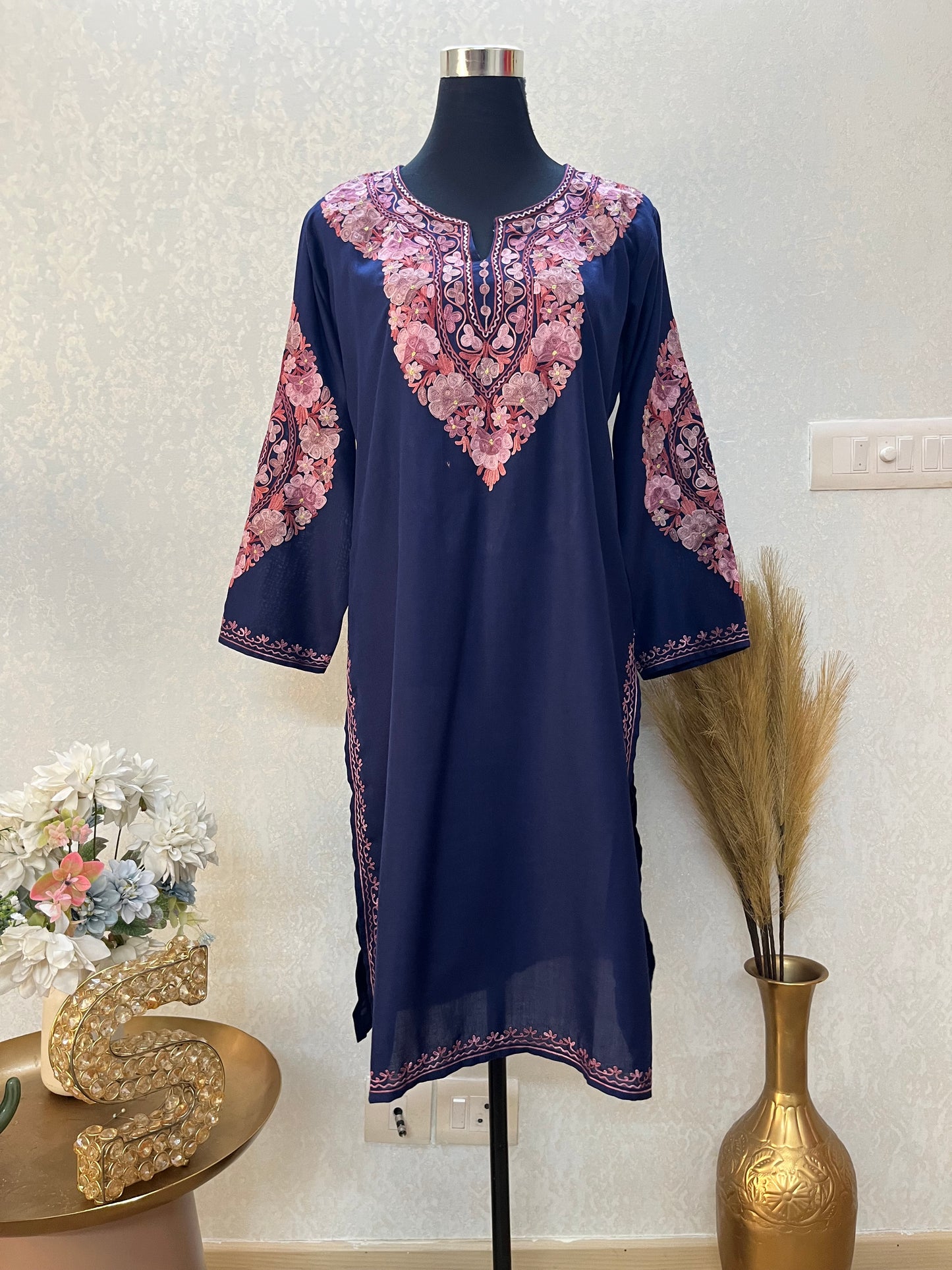 Navy Blue Cotton Aari Work Kurta