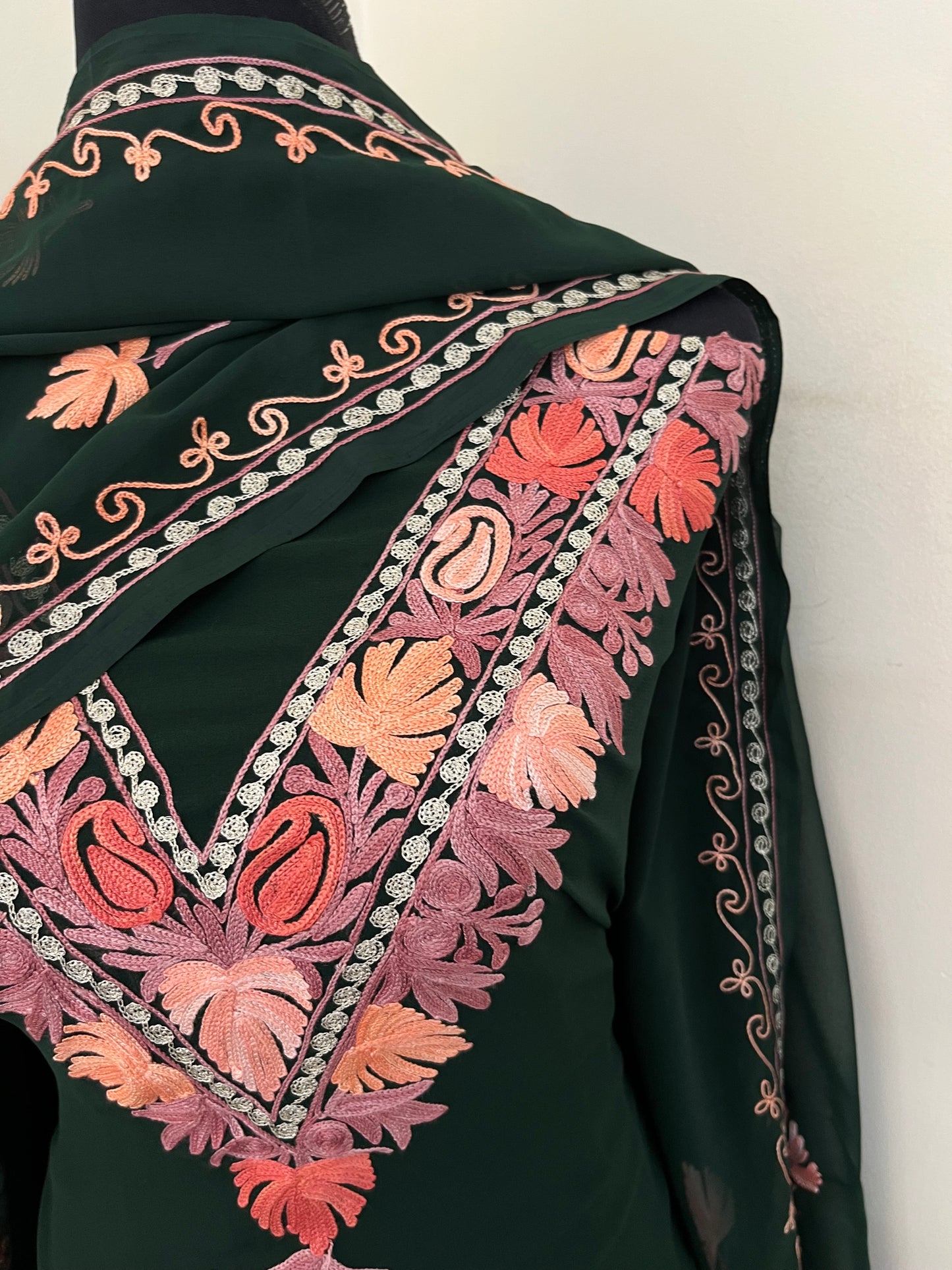 Bottle Green Georgette 3 Pc Aari Embroidered Suit Set
