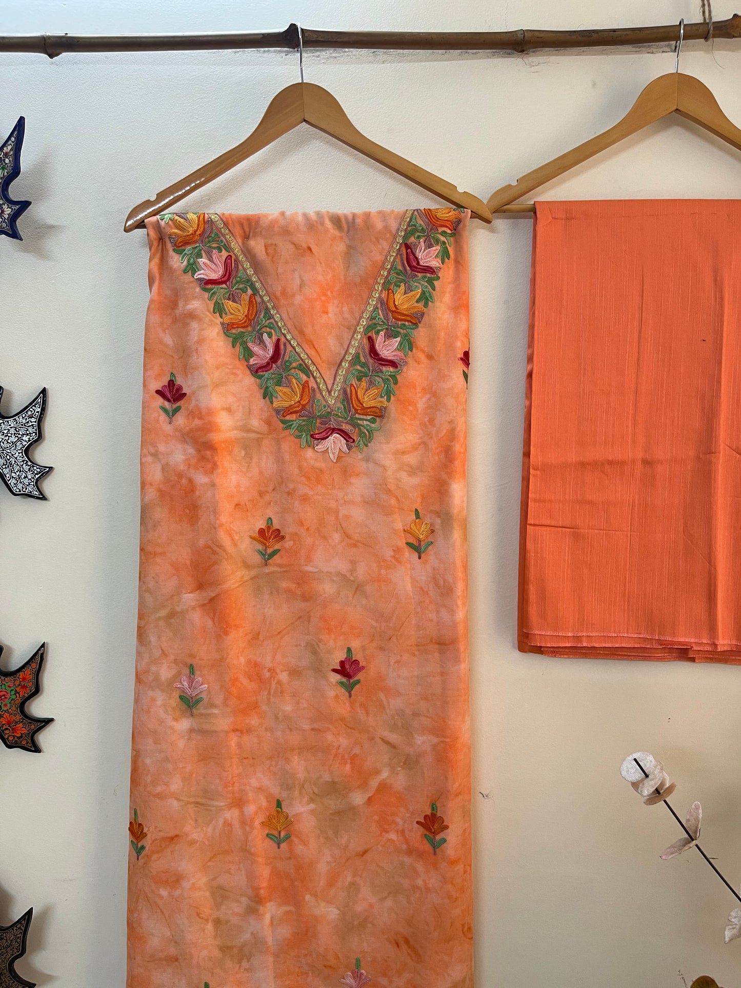 Tangerine Orange Self Work Satin Cotton Unstitched Co-ord Set