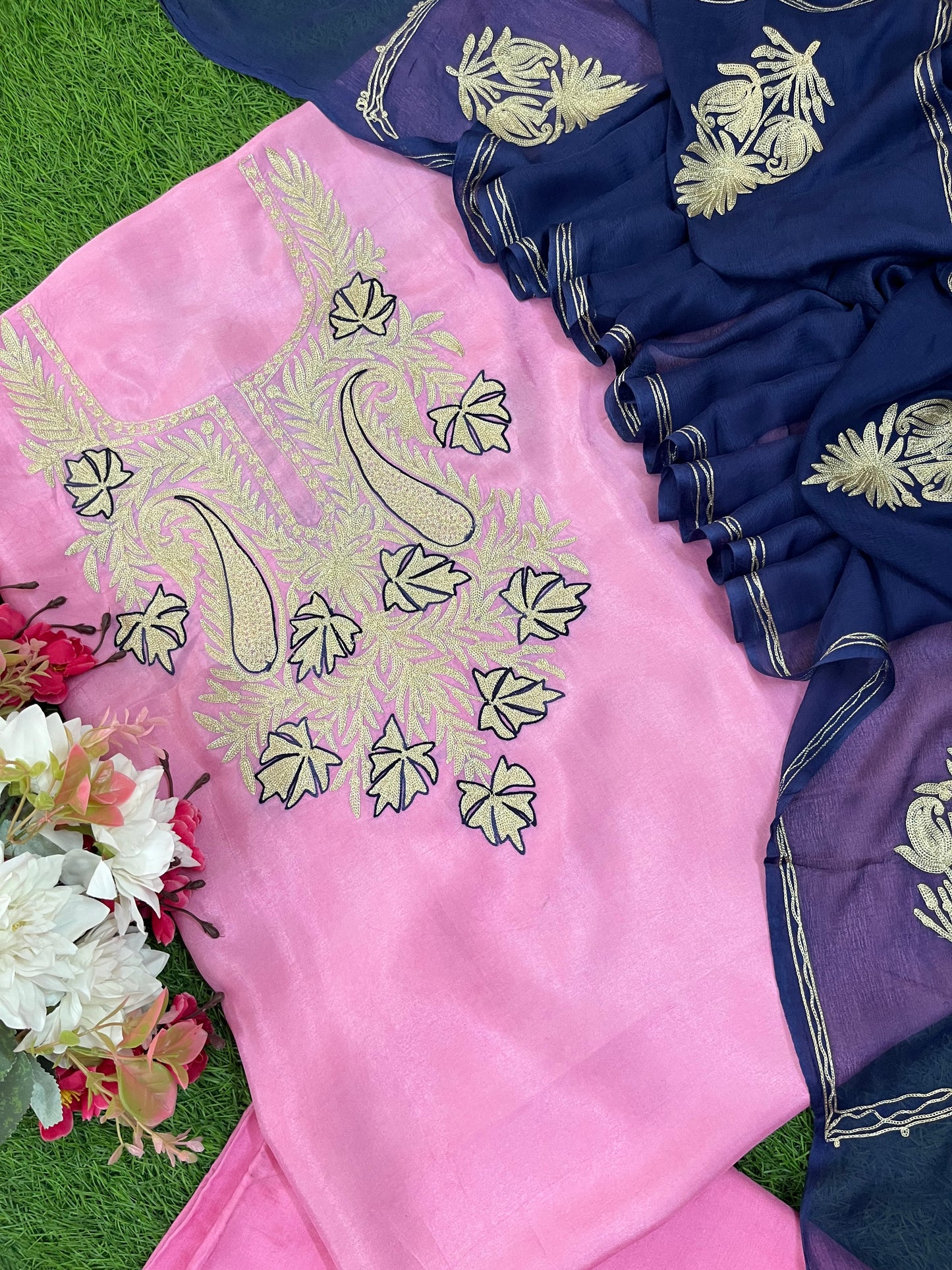 Pink Silk Aari Tilla Fusion Suit