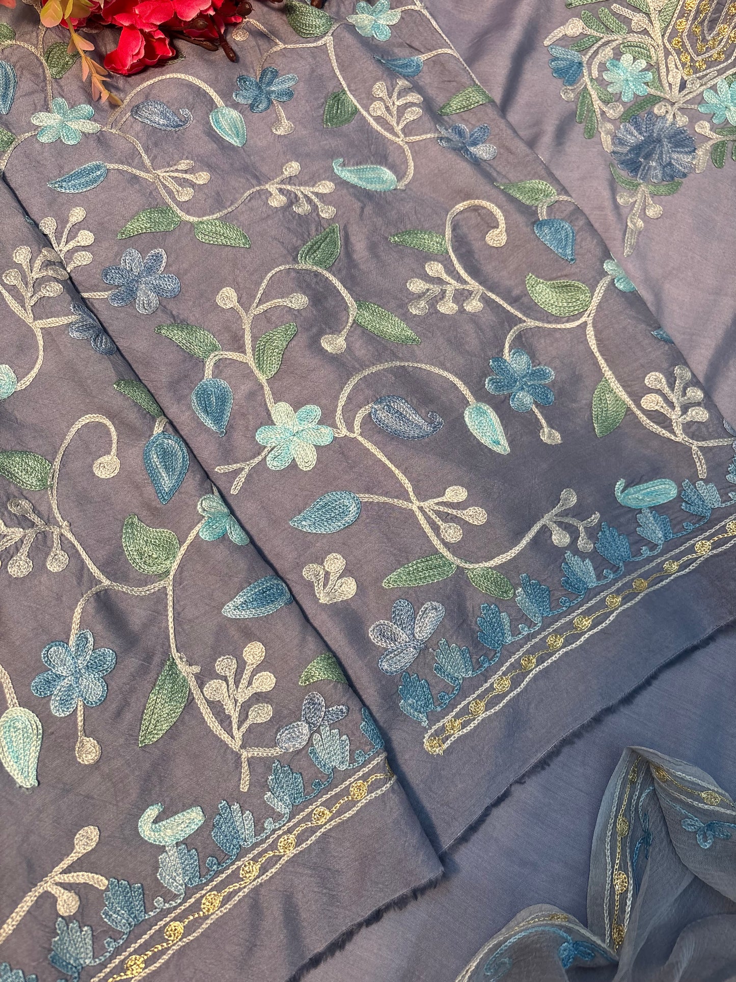English Grey Muslin Cotton Jaal Sleeves Kashmiri 3pc Suit