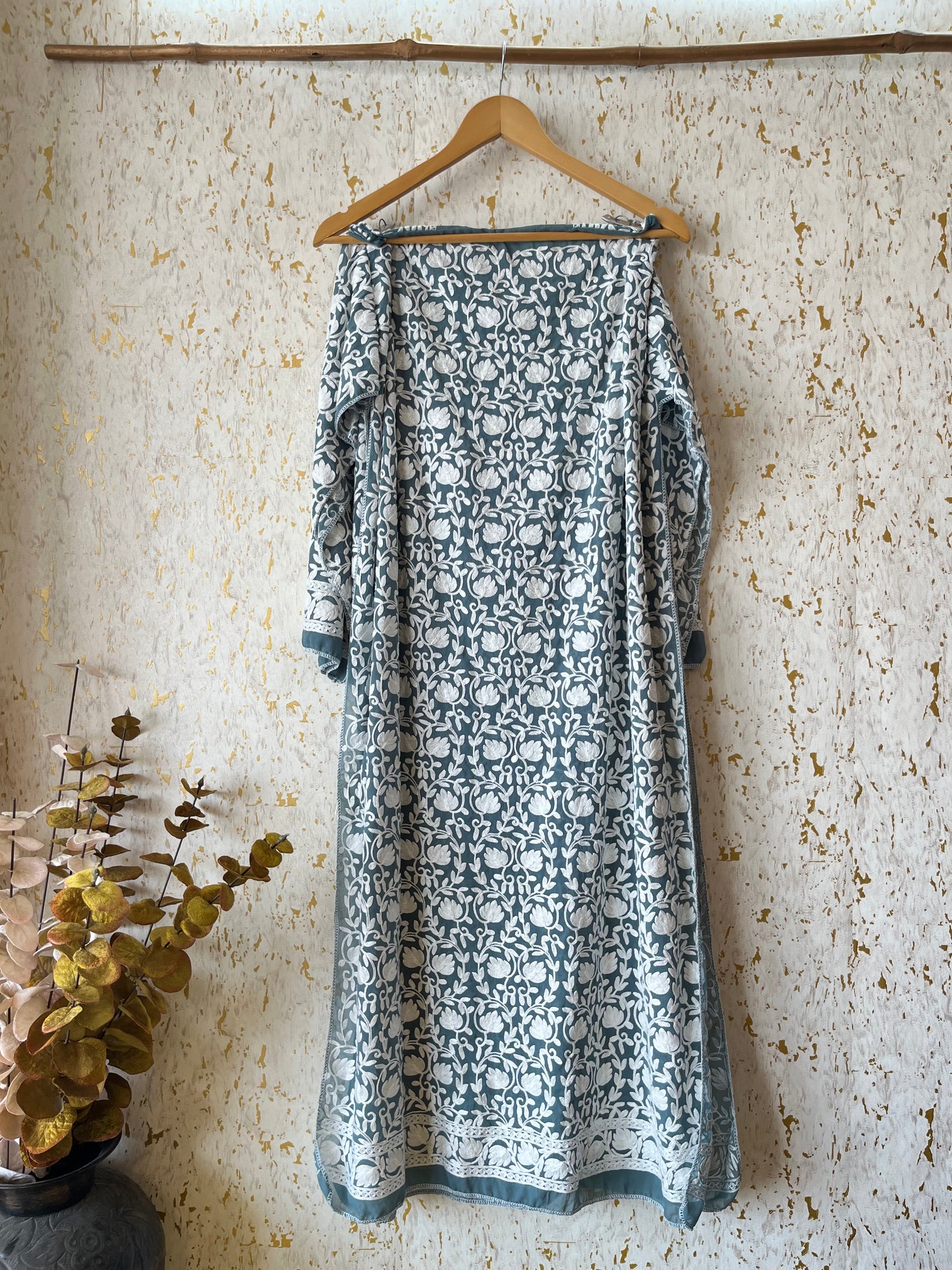 Sapphire Blue Georgette Jaal Work (Front & Back) Aari Embroidered Semi Stitched Kurta
