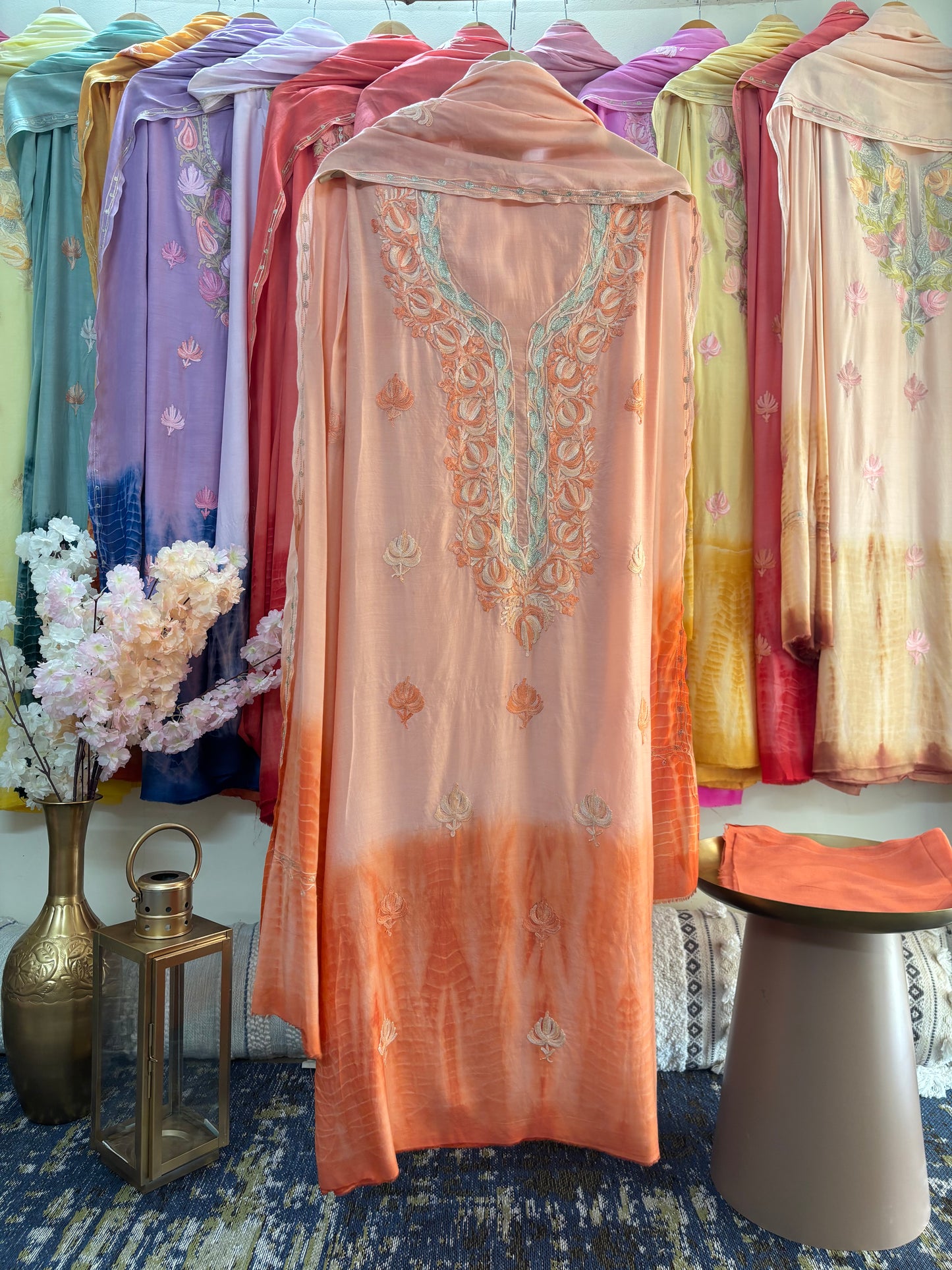 Soft Orange Mul Cotton Shibori Work Kashmiri 3pc Suit