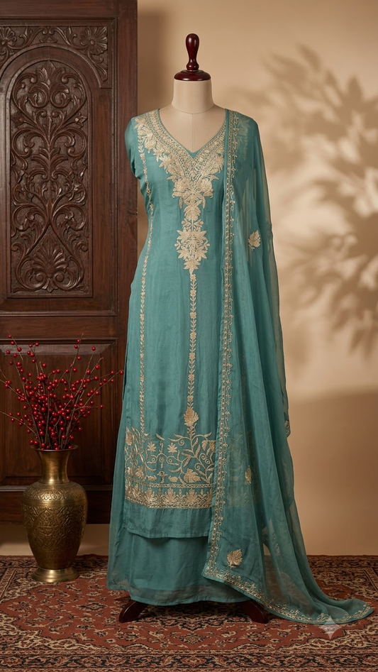 Soft Blue Tilla Kashmiri Silk Suit