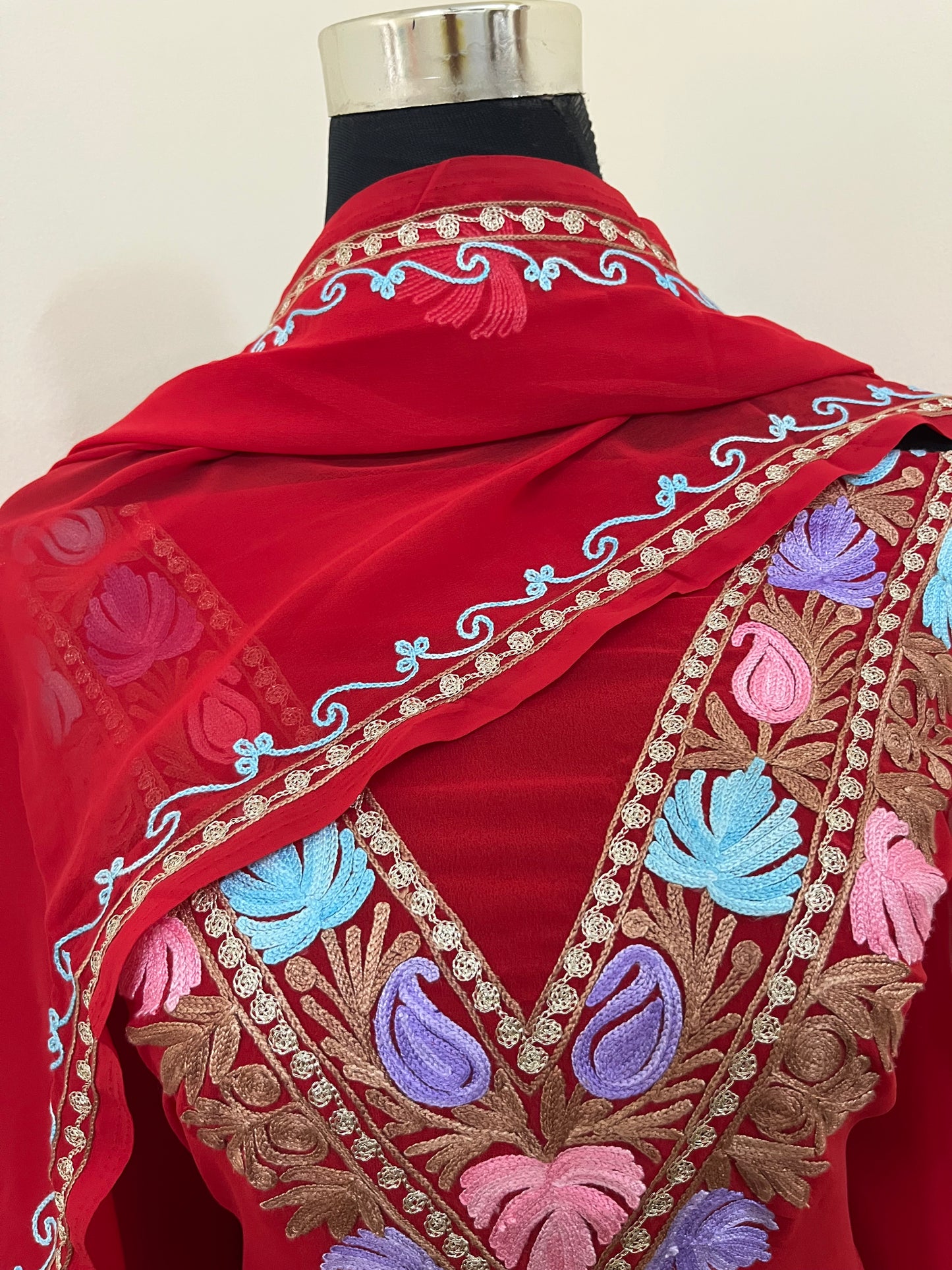 Red Georgette 3 Pc Aari Embroidered Suit Set