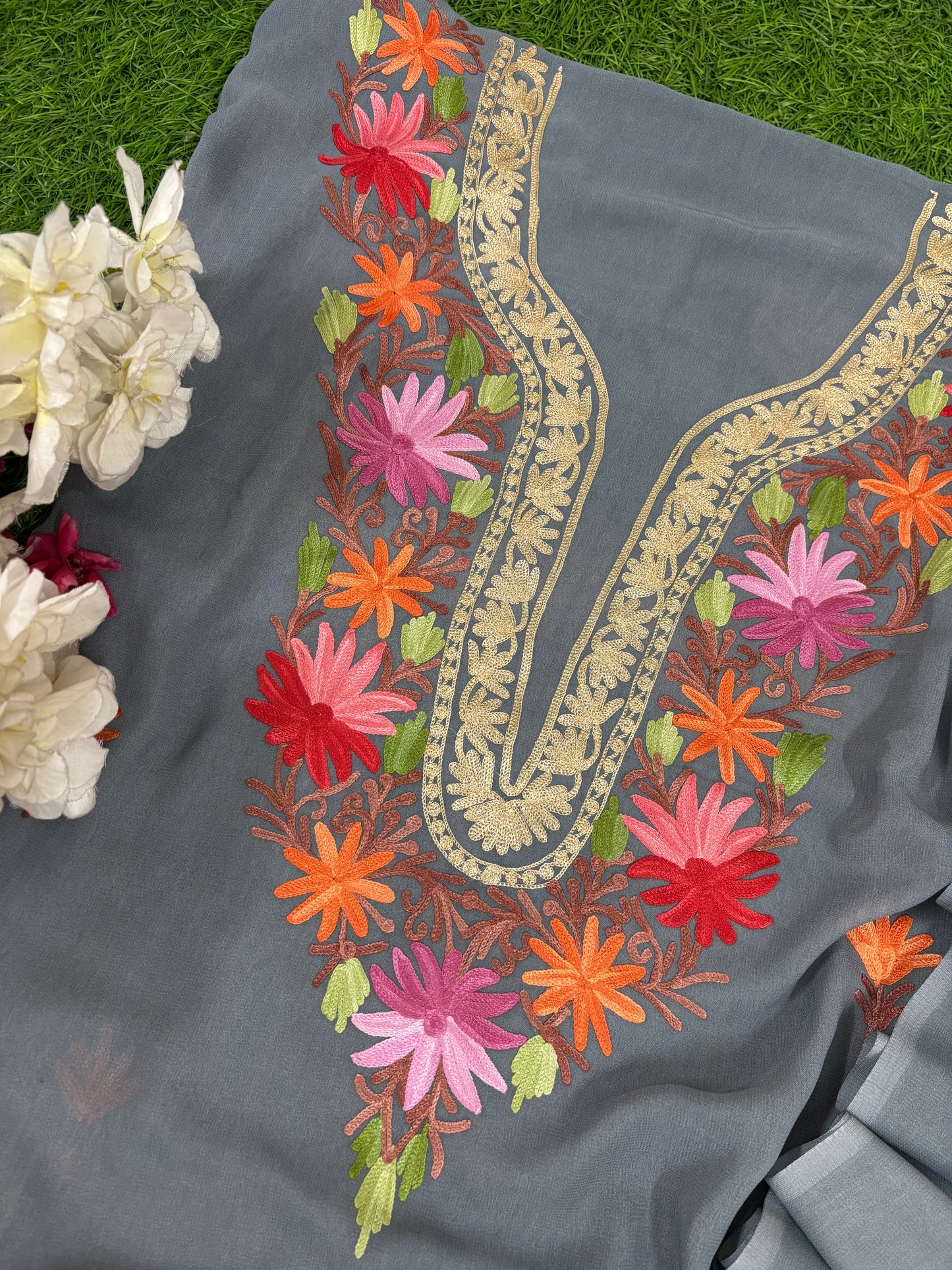 Grey Pure Georgette Kashmiri Suit