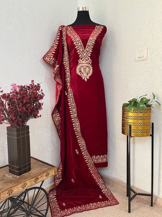 Maroon Tilla Embroidered Velvet 2pc Suit Material