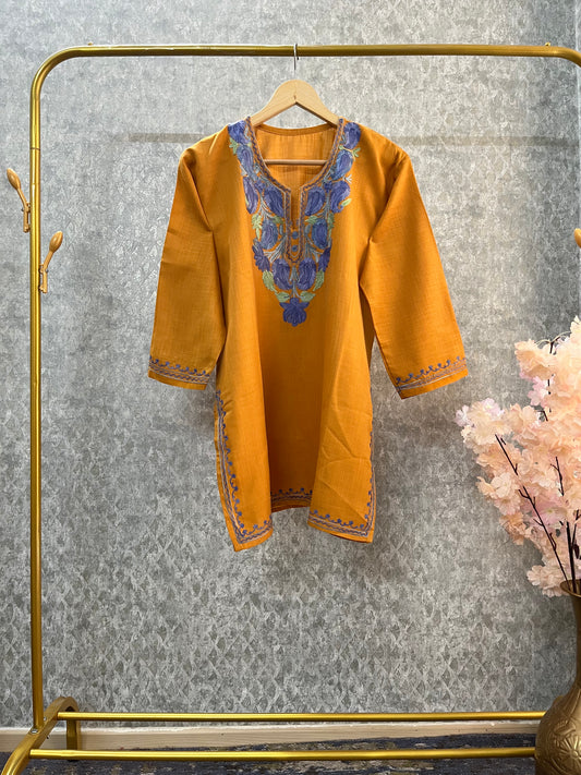 Mustard Cotton Aari Work Kurta