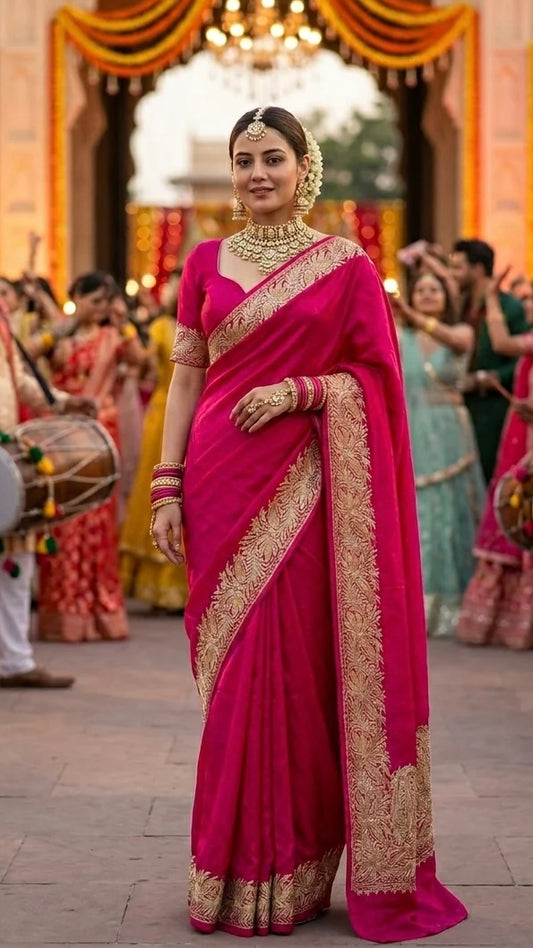 Hot Pink Crape Kashmiri Tilla Saree