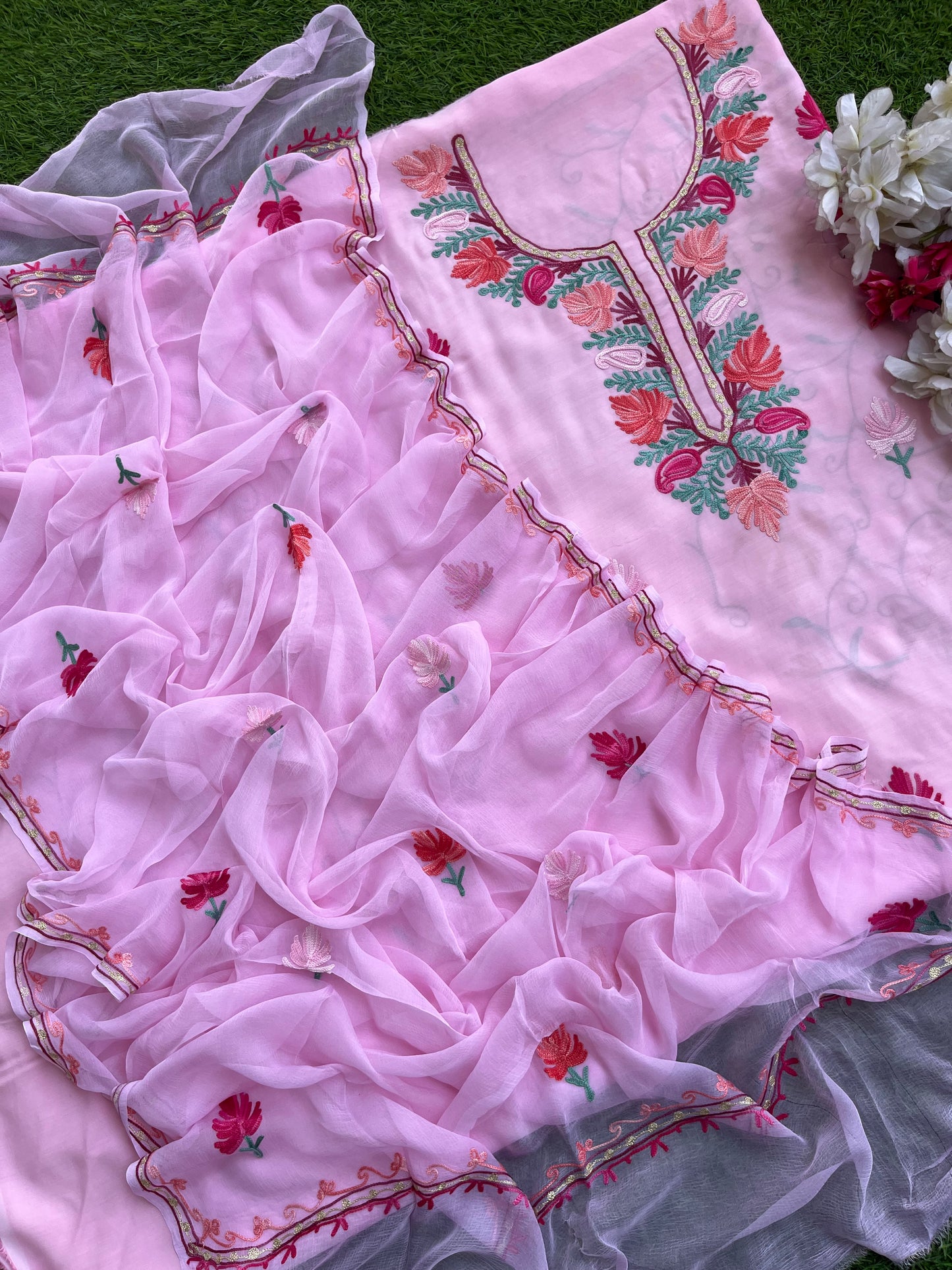 Soft Pink Muslin Cotton Jaal Sleeves Kashmiri 3pc Suit