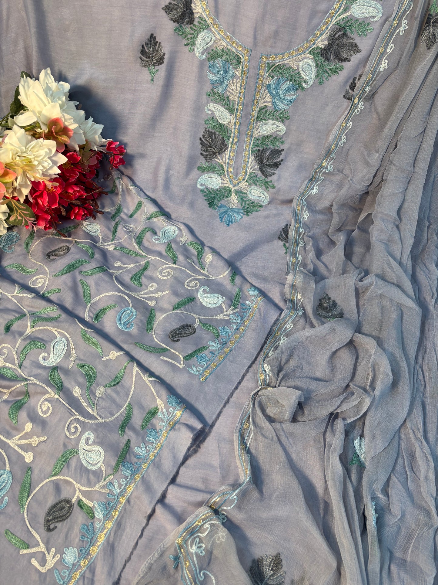 English Grey Muslin Cotton Jaal Sleeves Kashmiri 3pc Suit