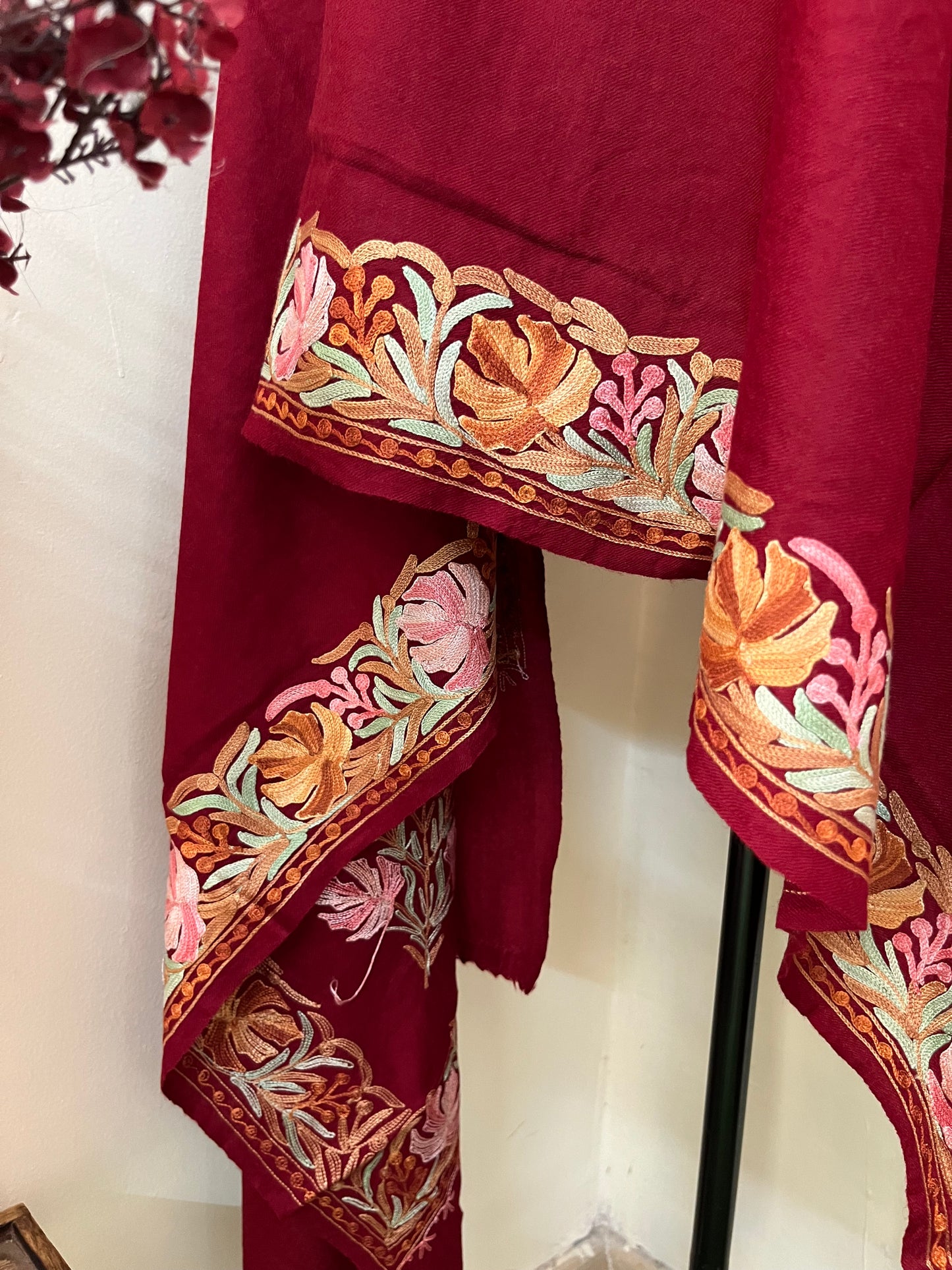 Maroon Fine Semi Pashmina Aari Embroidered stole