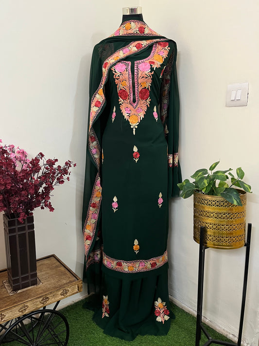 Bottle Green Georgette 3 Pc Aari Embroidered Suit Set
