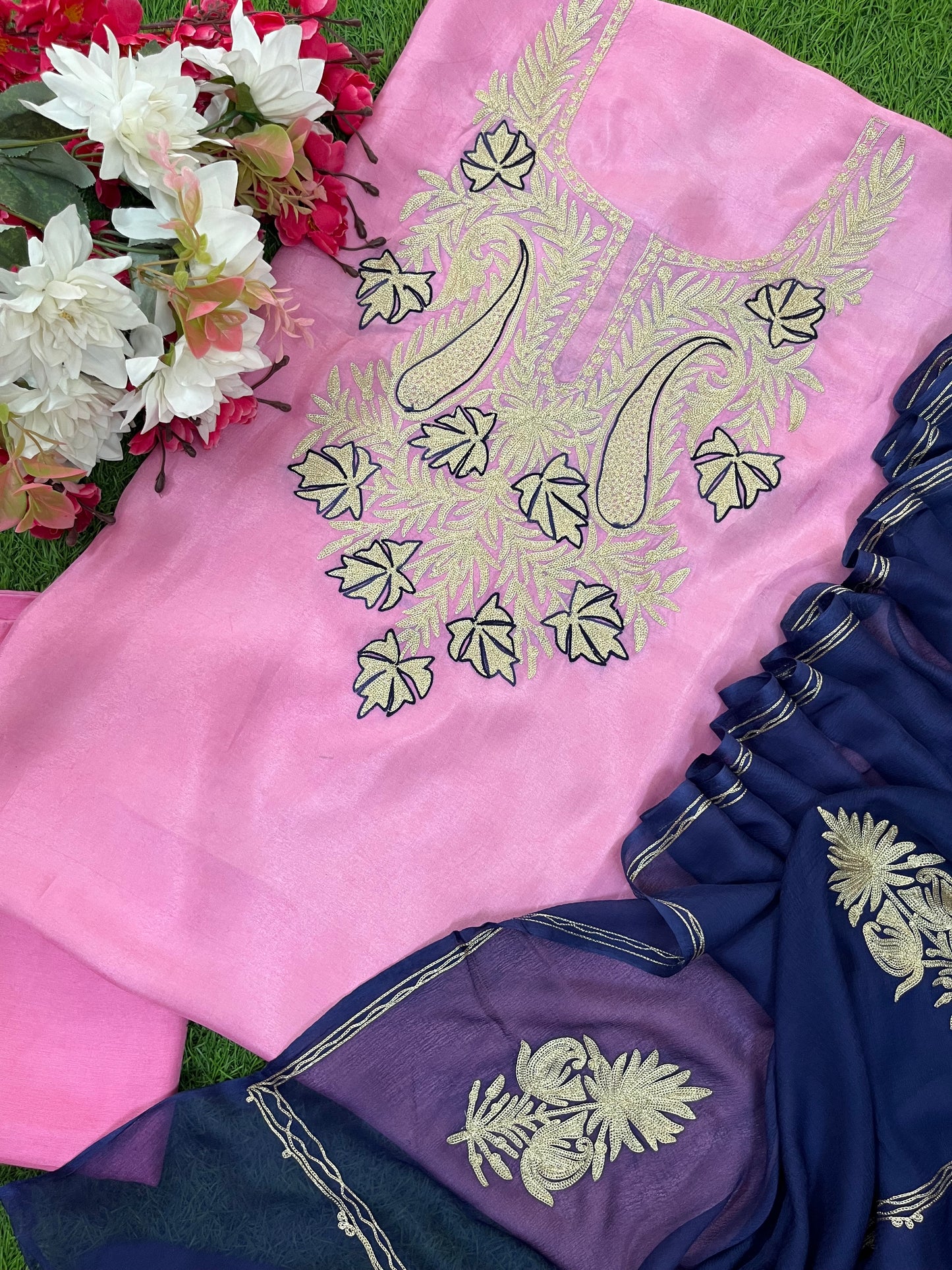 Pink Silk Aari Tilla Fusion Suit