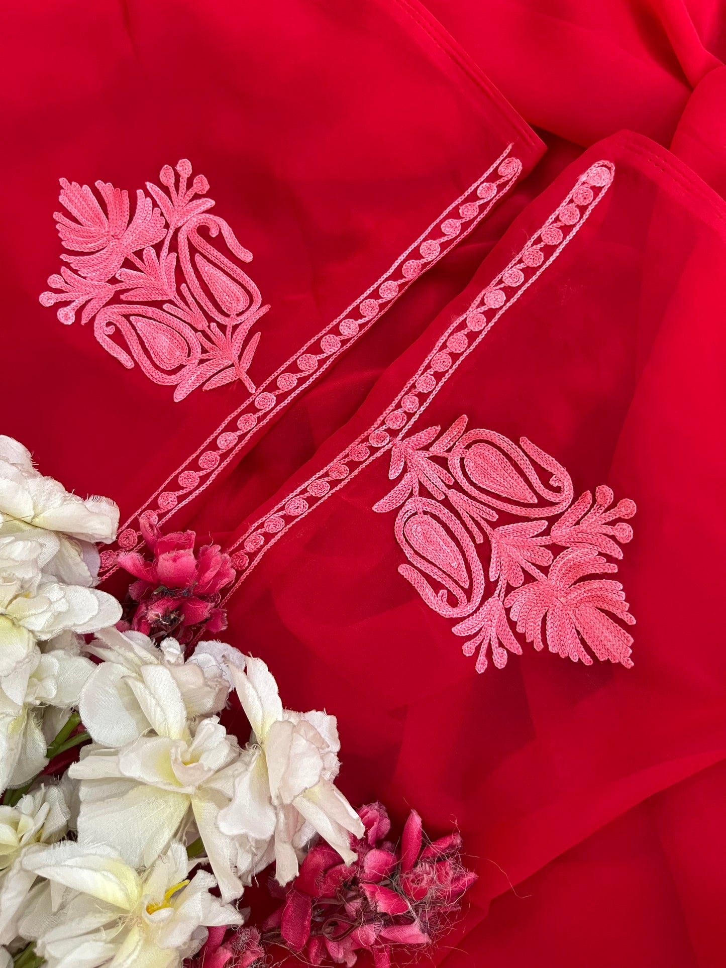 Red Georgette 3 Pc Aari Embroidered Suit Set