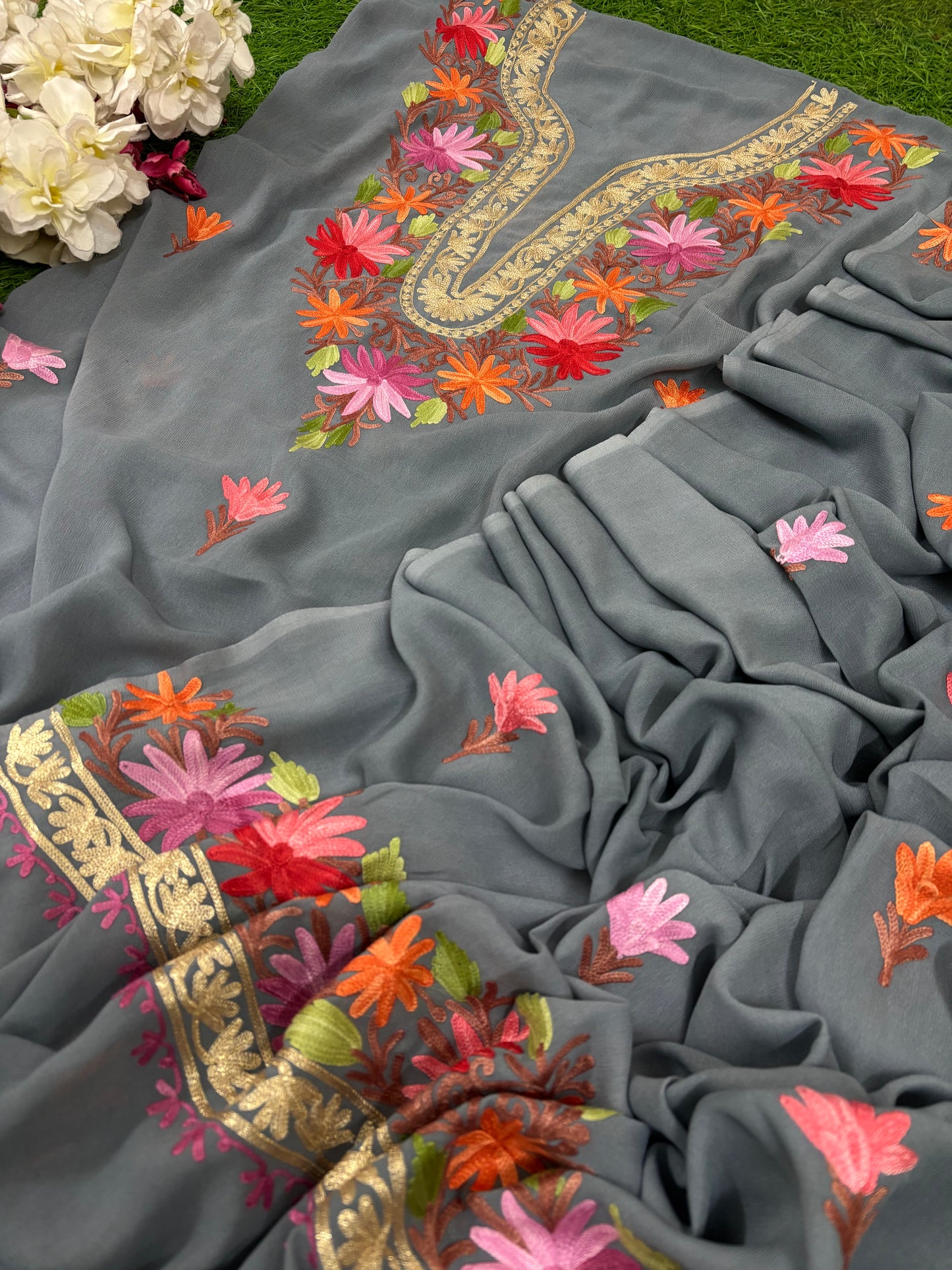 Grey Pure Georgette Kashmiri Suit