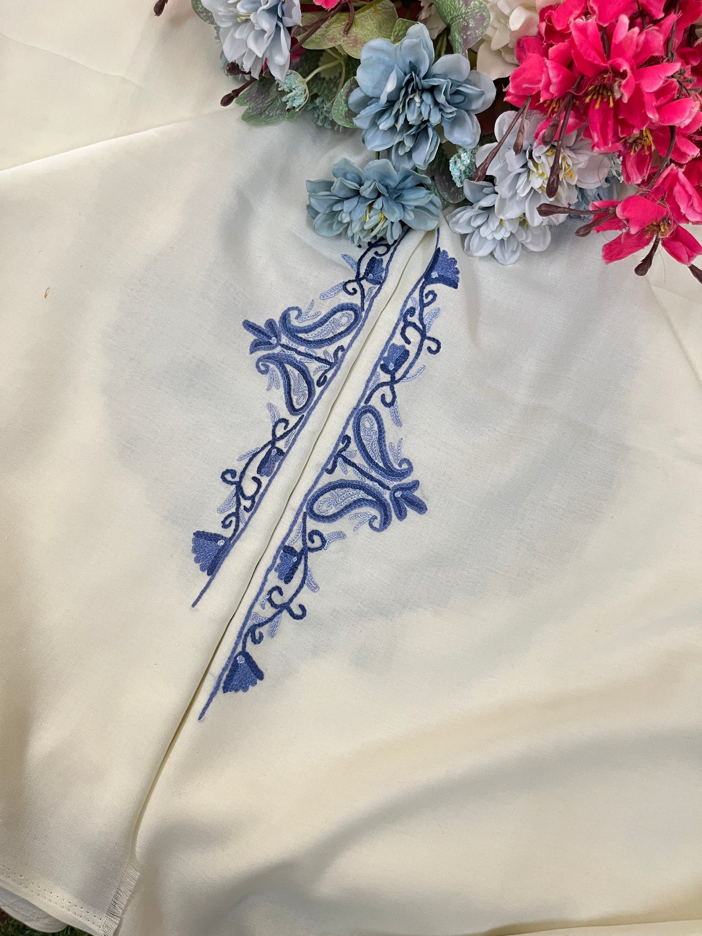 Off White Cotton Two Piece Suit (Hand Embroidered)
