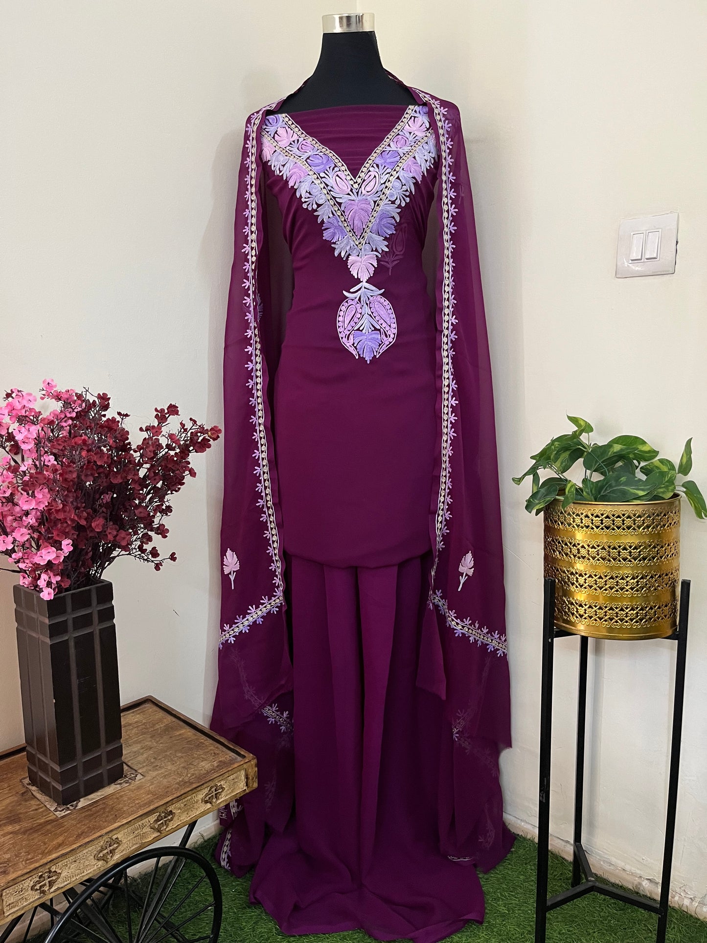 Wine Georgette 3 Pc Aari Embroidered Suit Set
