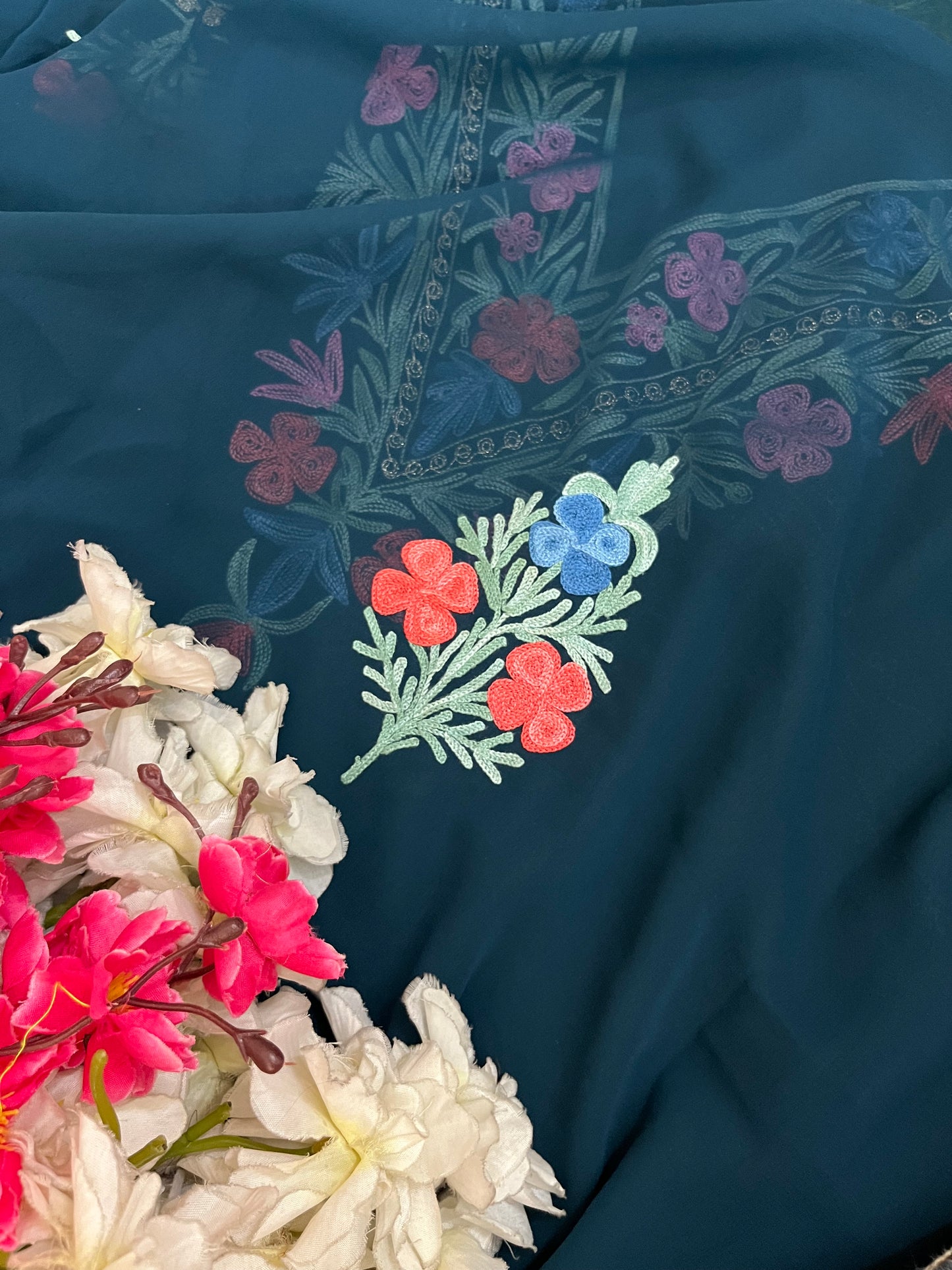 Teal blue Georgette 3 Pc Aari Embroidered Suit Set