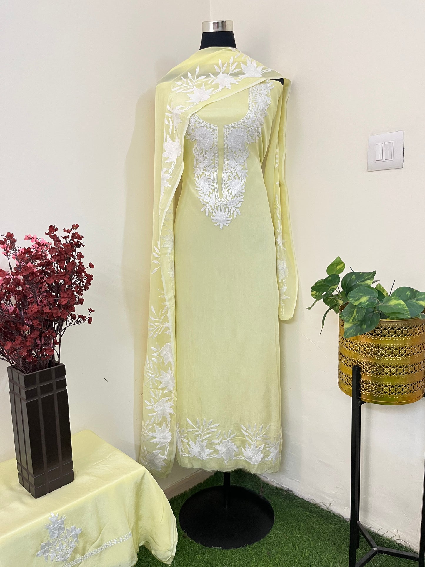 Lemon Yellow Chinon 3 Pc Aari Embroidered Suit