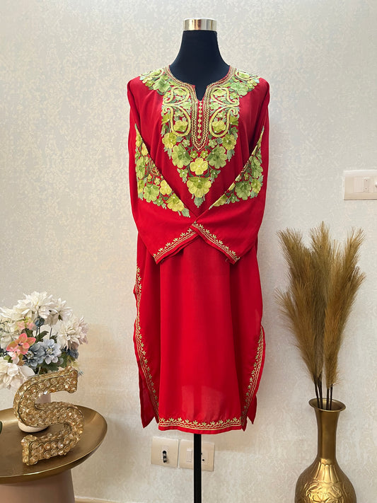 Red Cotton Aari Work Kurta