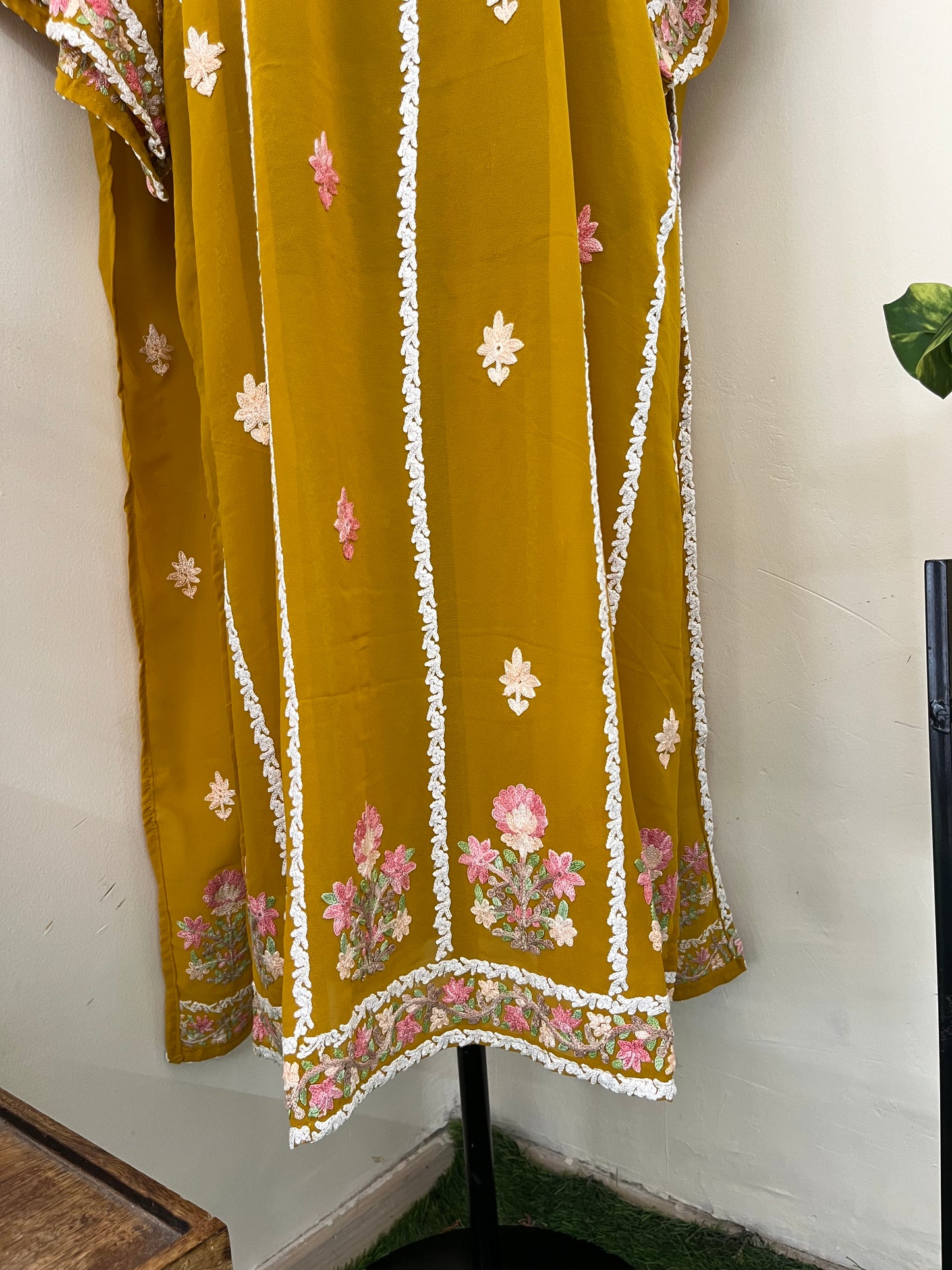 Mustard Georgette All over Work Aari Embroidered Unstitched Kurta