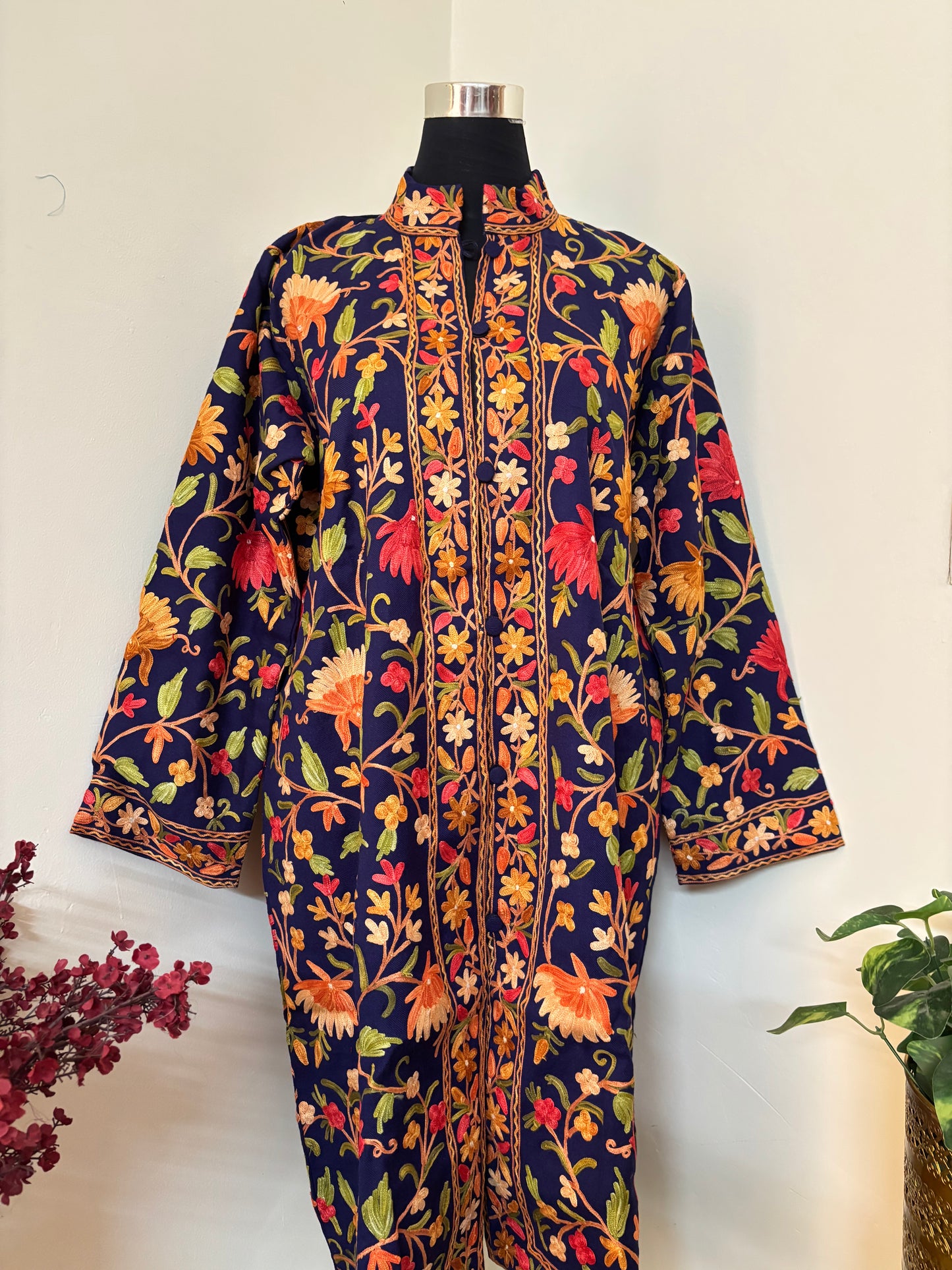 Navy Blue Aari Embroidered Pure Wool Jacket XXL