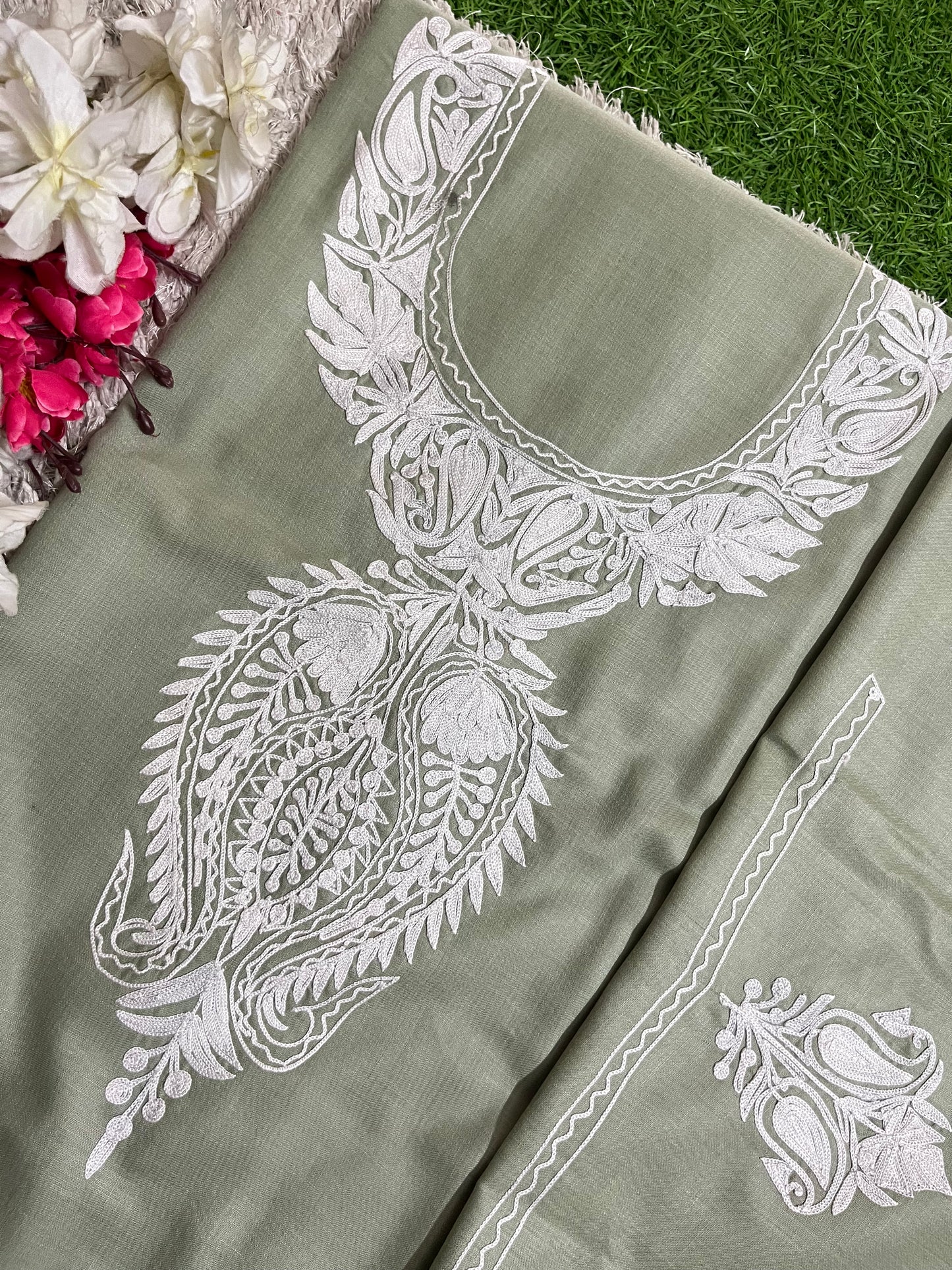 Green Cotton Unstitched Aari Work Kurti