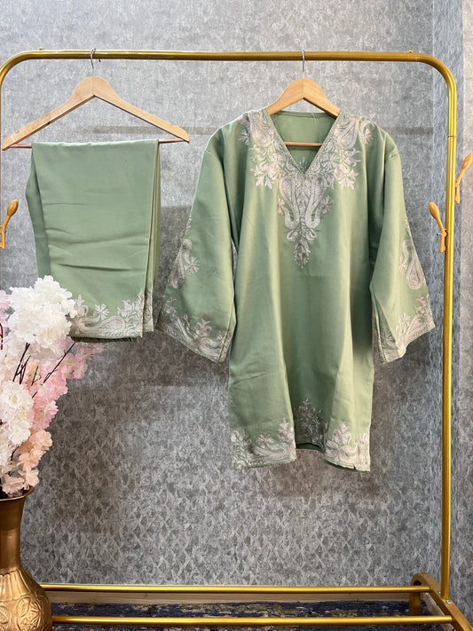 Light Green Woollen Kashmiri Co-Ord Set ( Size 48)
