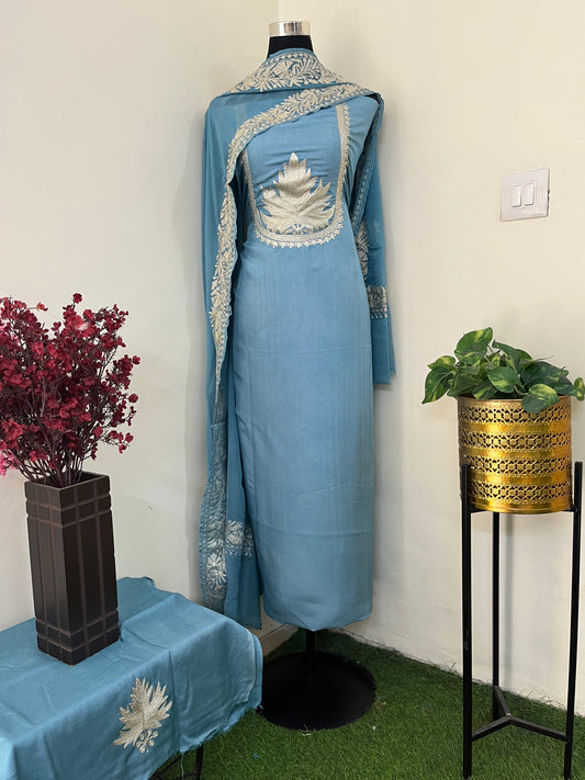 Sanam’ Pastel Blue Tilla Embroidered Suit material