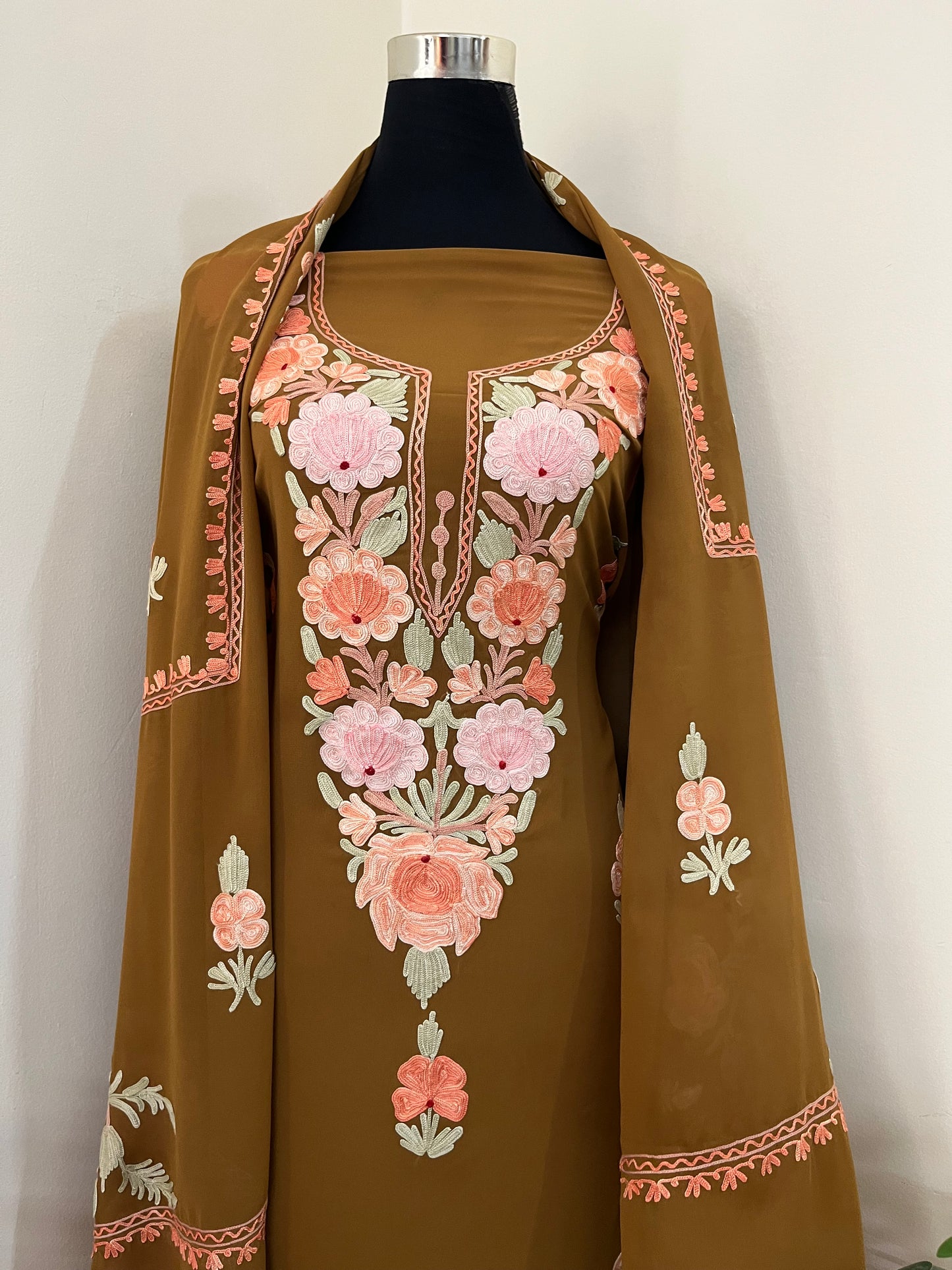 Coffee Brown Georgette 3 Pc Aari Embroidered Suit