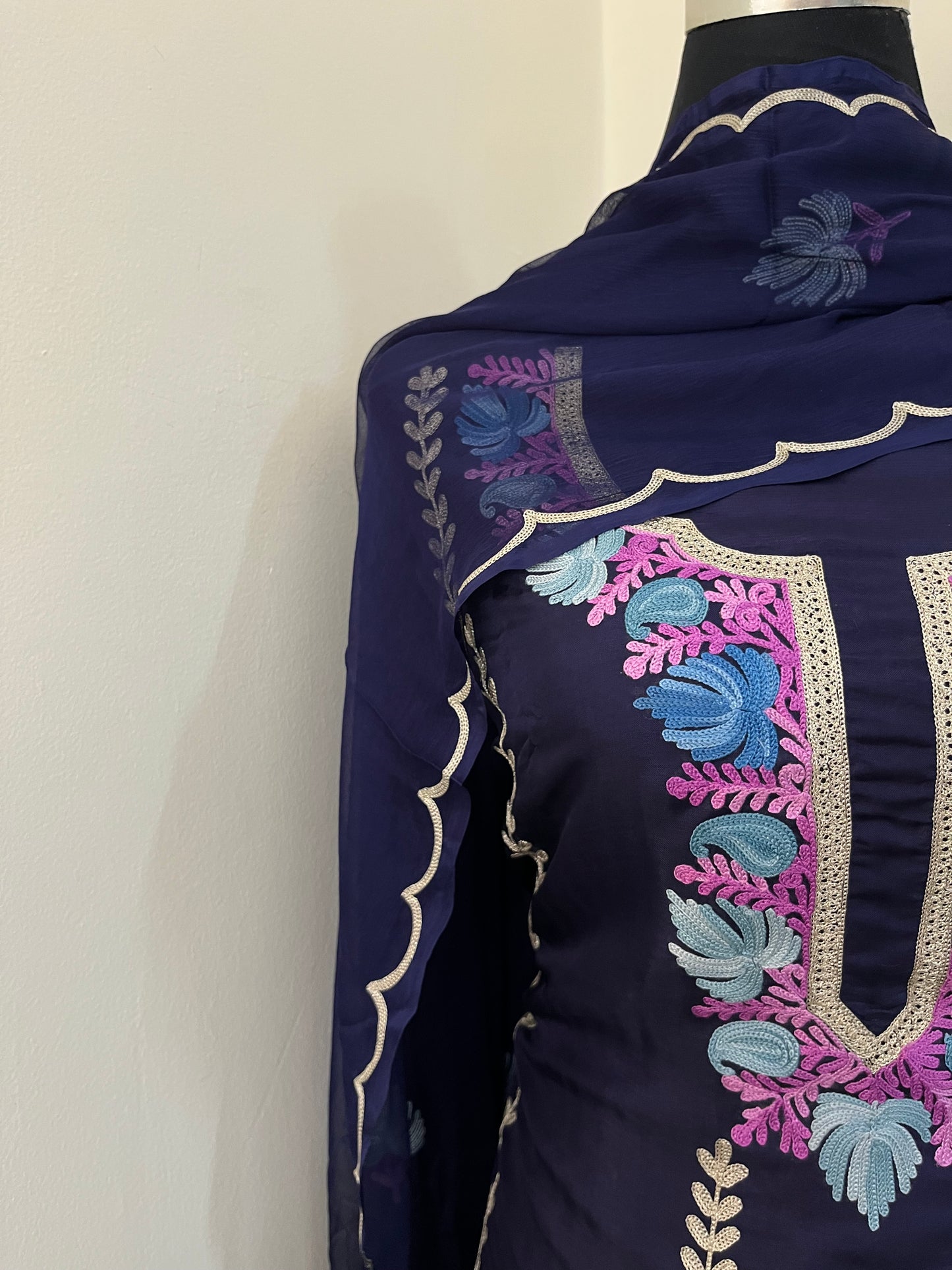 Sanam’ Navy Blue Silk Aari Embroidered Suit material