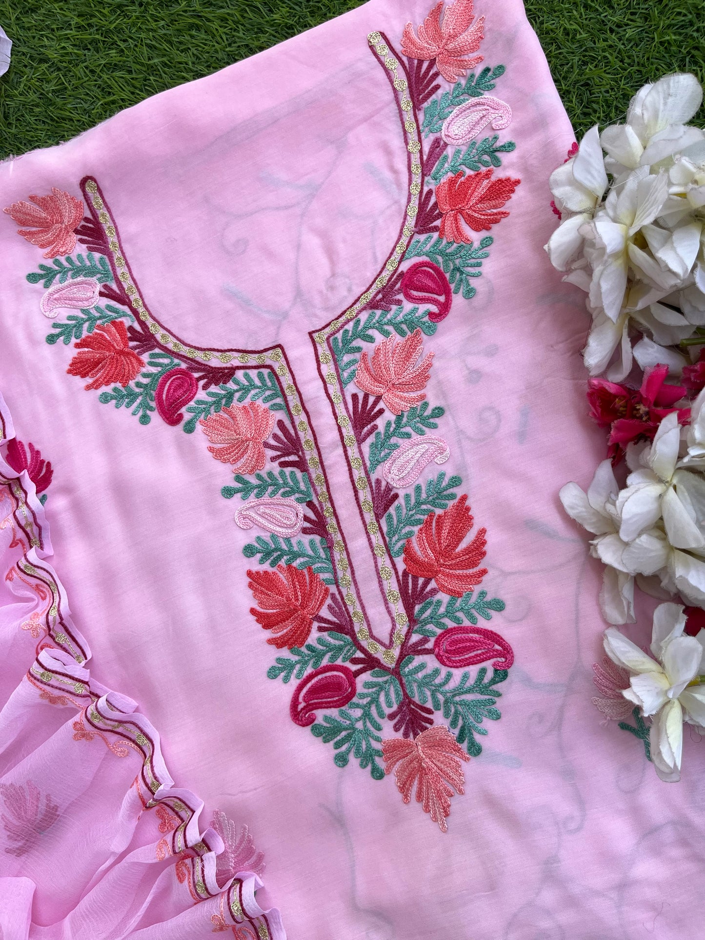 Soft Pink Muslin Cotton Jaal Sleeves Kashmiri 3pc Suit