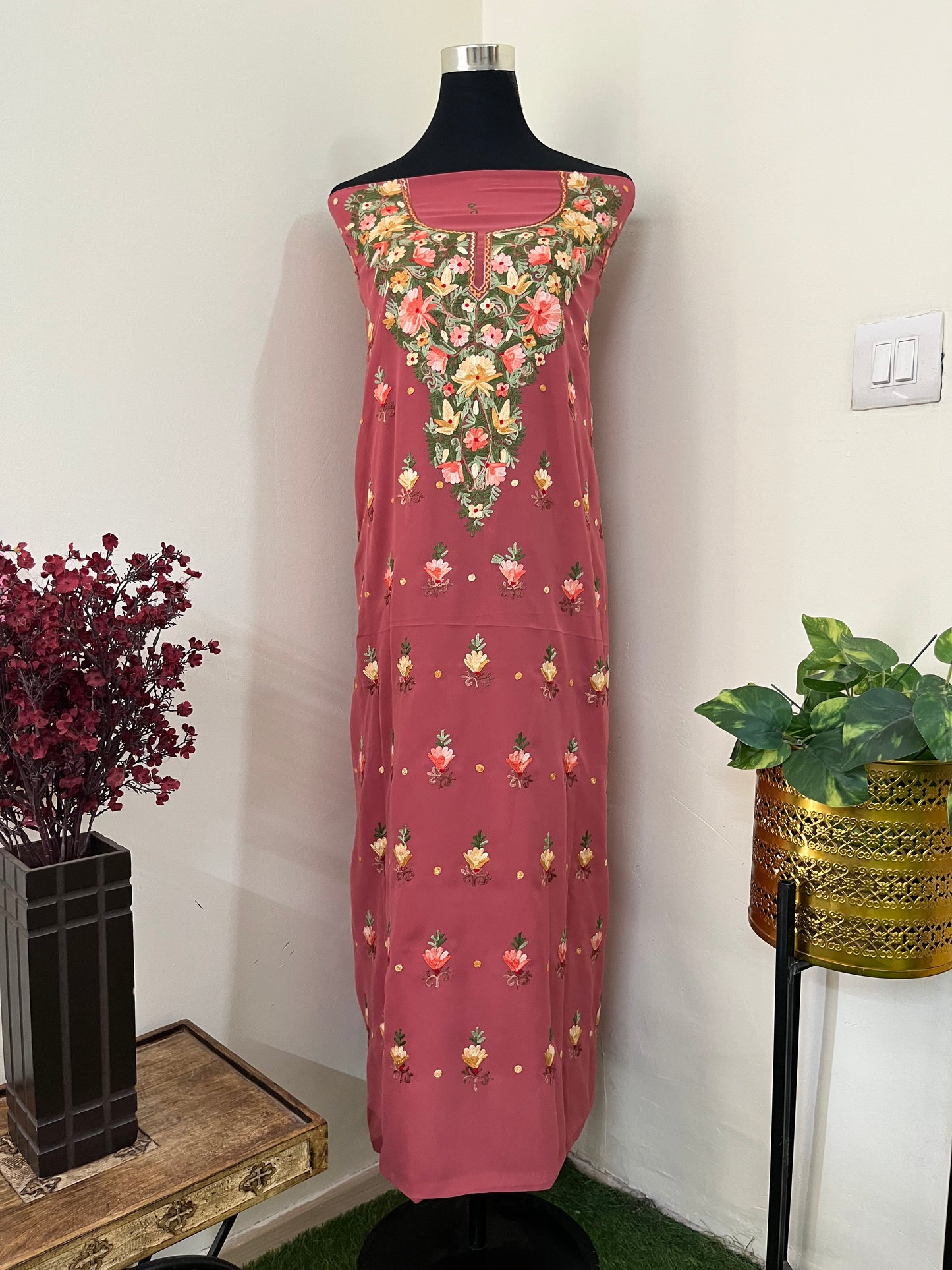 Blush Red Georgette Kashmiri Kurta Material
