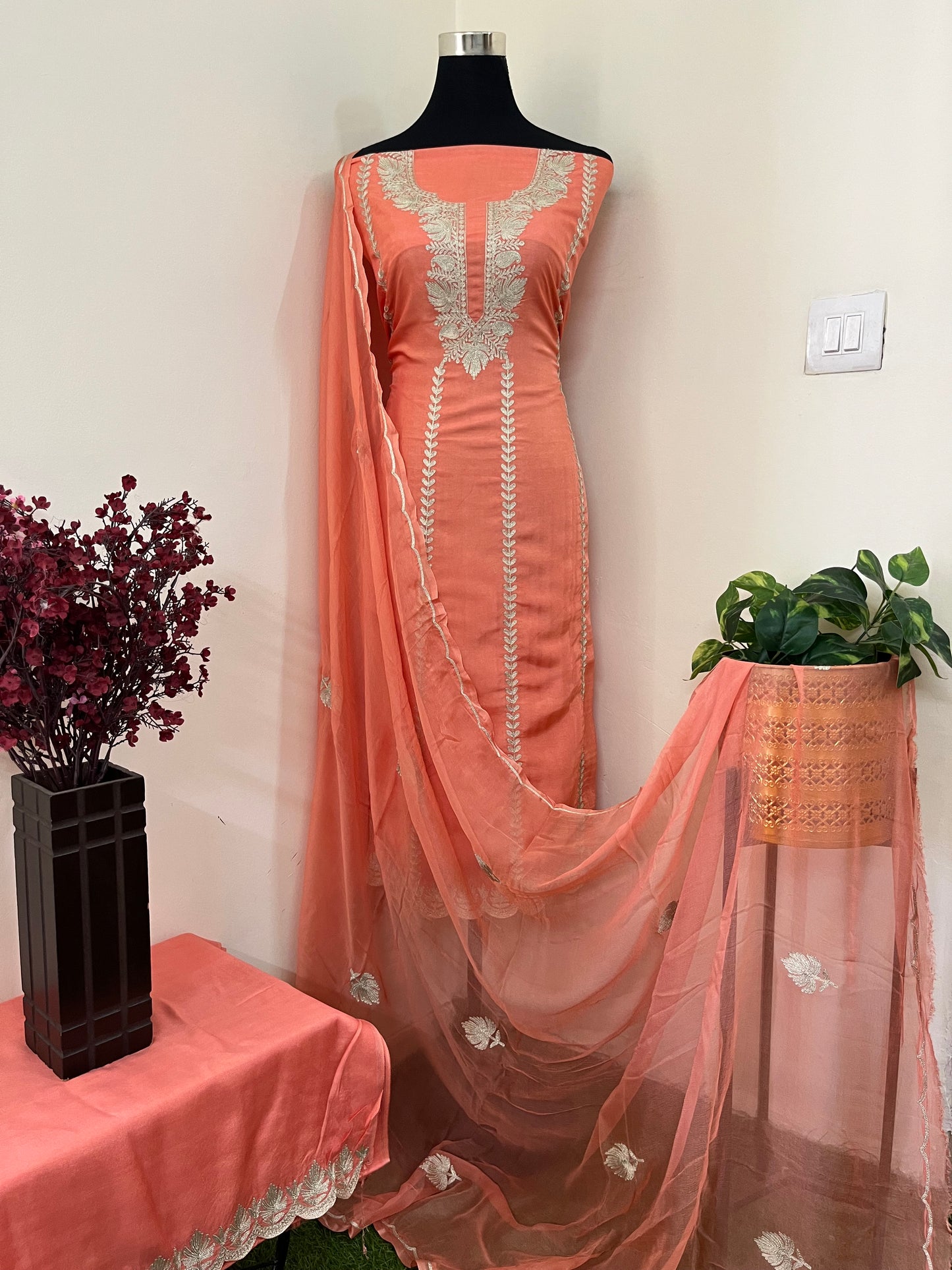 Sanam’ Peach Silk Tilla Embroidered Suit material