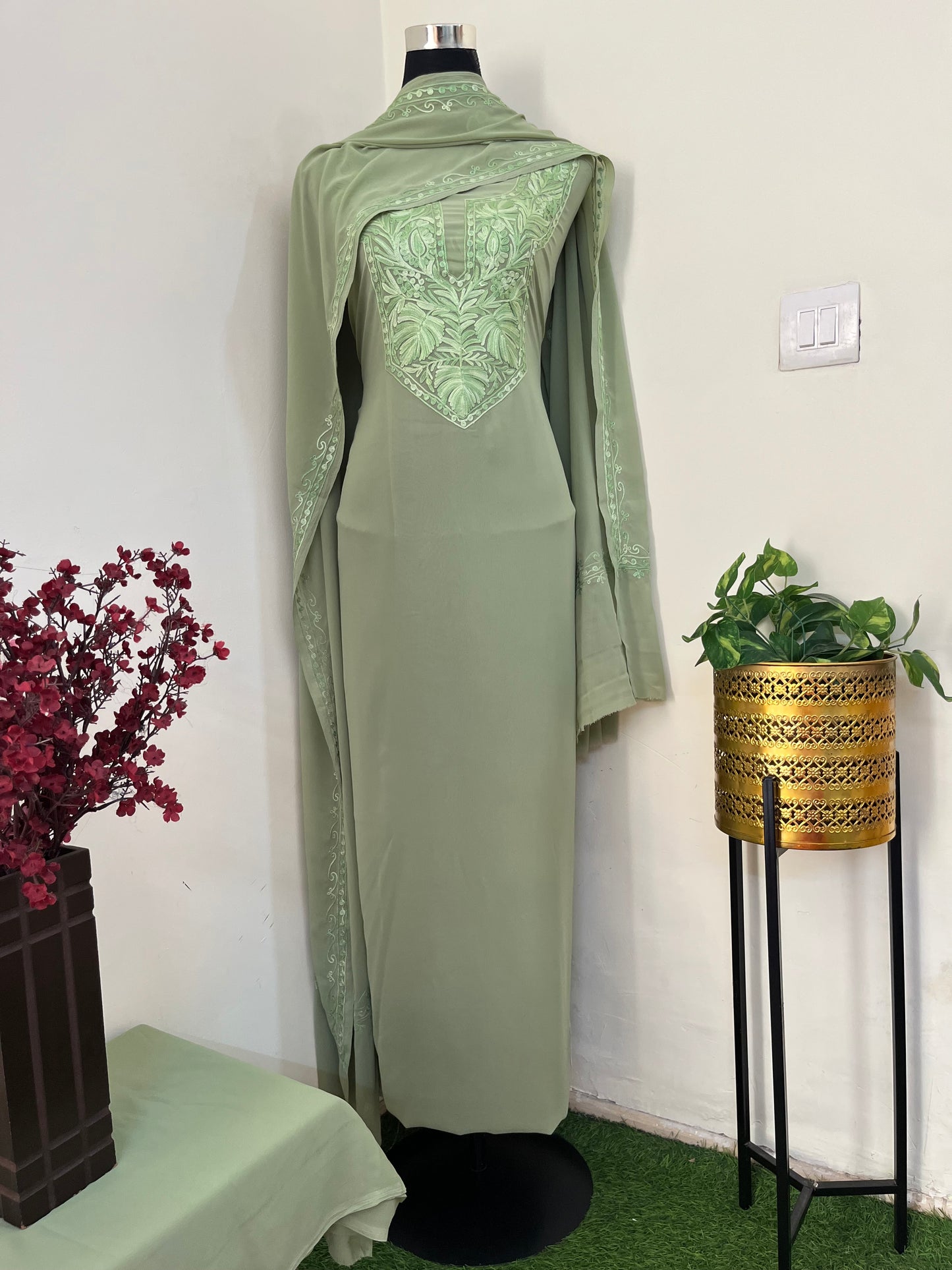 Tea green Georgette 3 Pc Aari Embroidered Suit Set