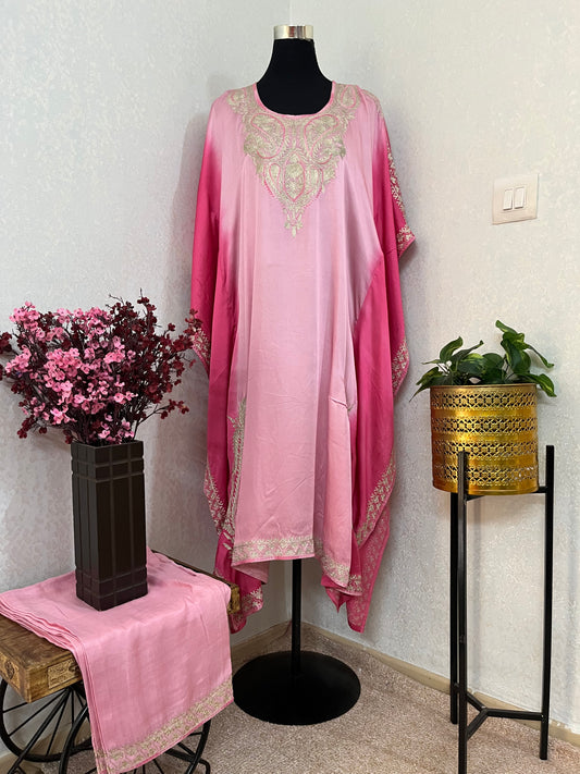 Pink Pure Crape Kashmiri Kaftan