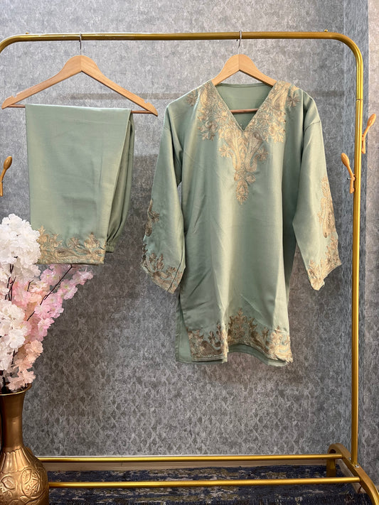 Light Green Woollen Kashmiri Co-Ord Set ( Size 48)