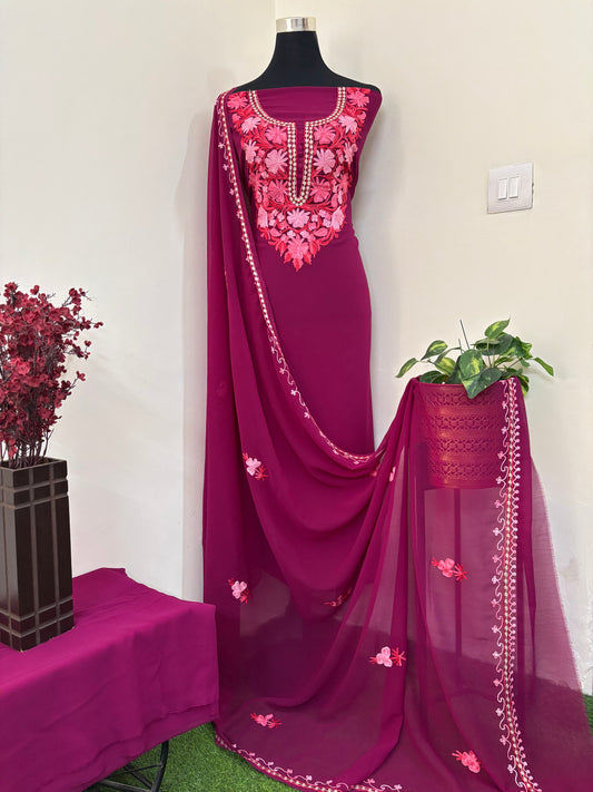 Wine Georgette 3pc Aari Embroidered Suit